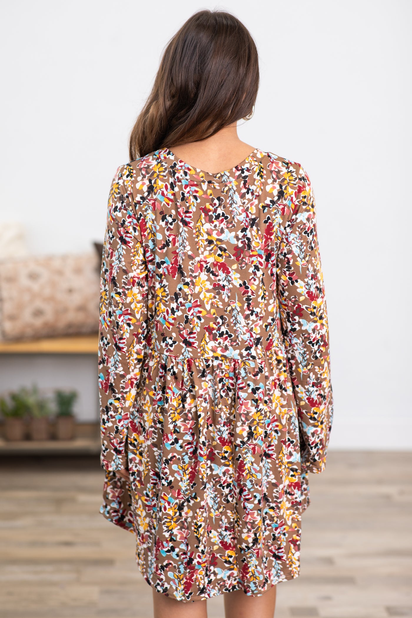 Mocha and Wine Floral Dress With Pockets