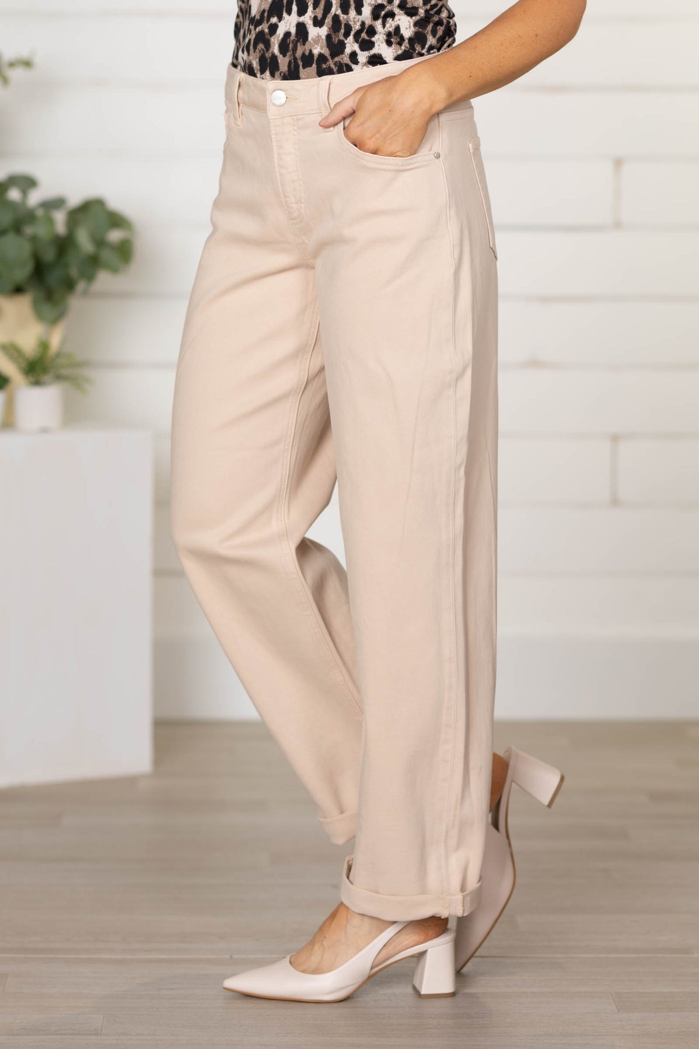 Risen Beige Tummy Control Ankle Barrel Pants