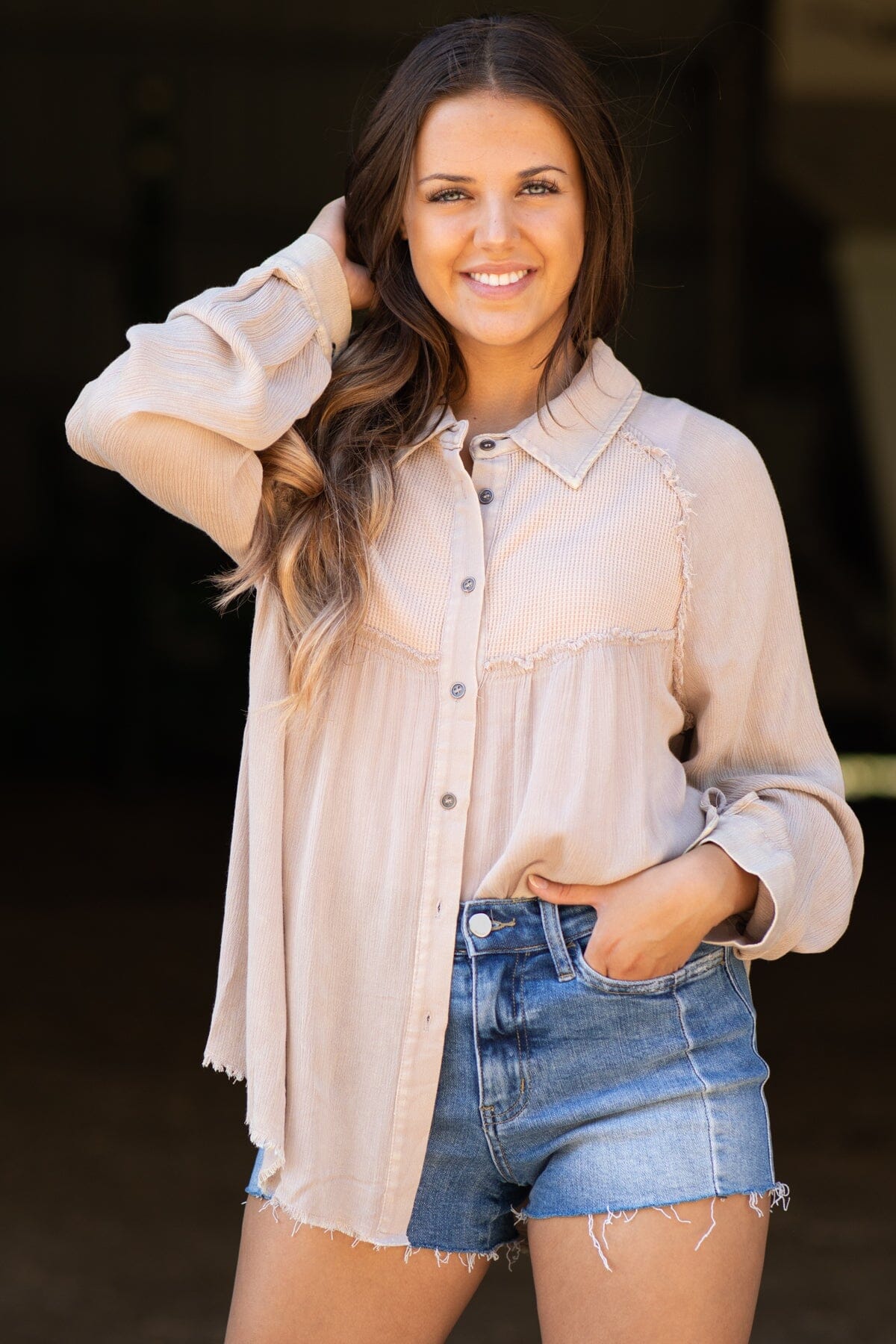 Light Taupe Washed Waffle Detail Button Up Top - Filly Flair