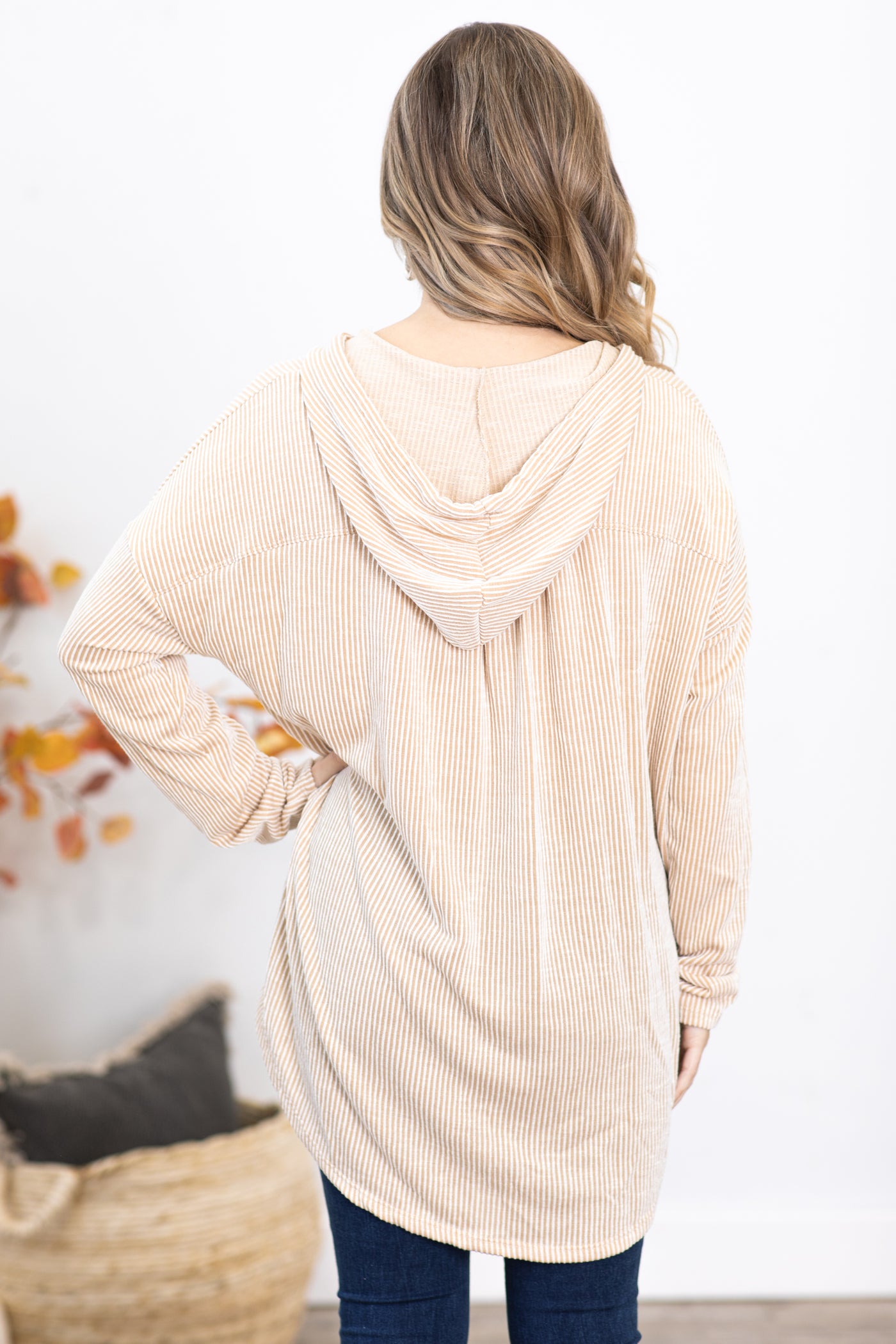 Tan Ribbed Hooded Button Up Top