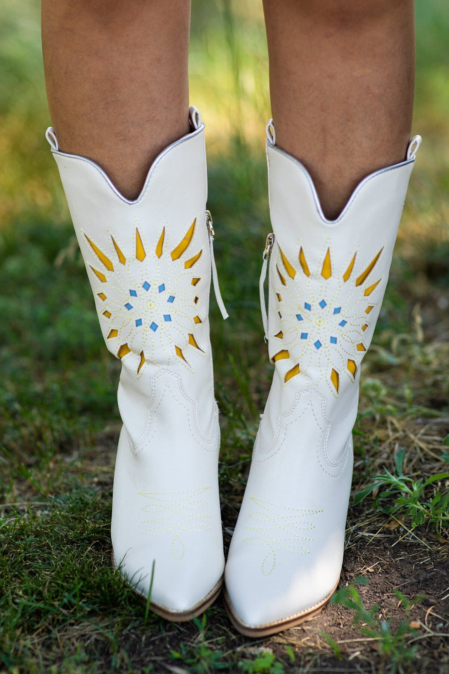 Cream Laser Cut Sunburst Detail Western Boots - Filly Flair