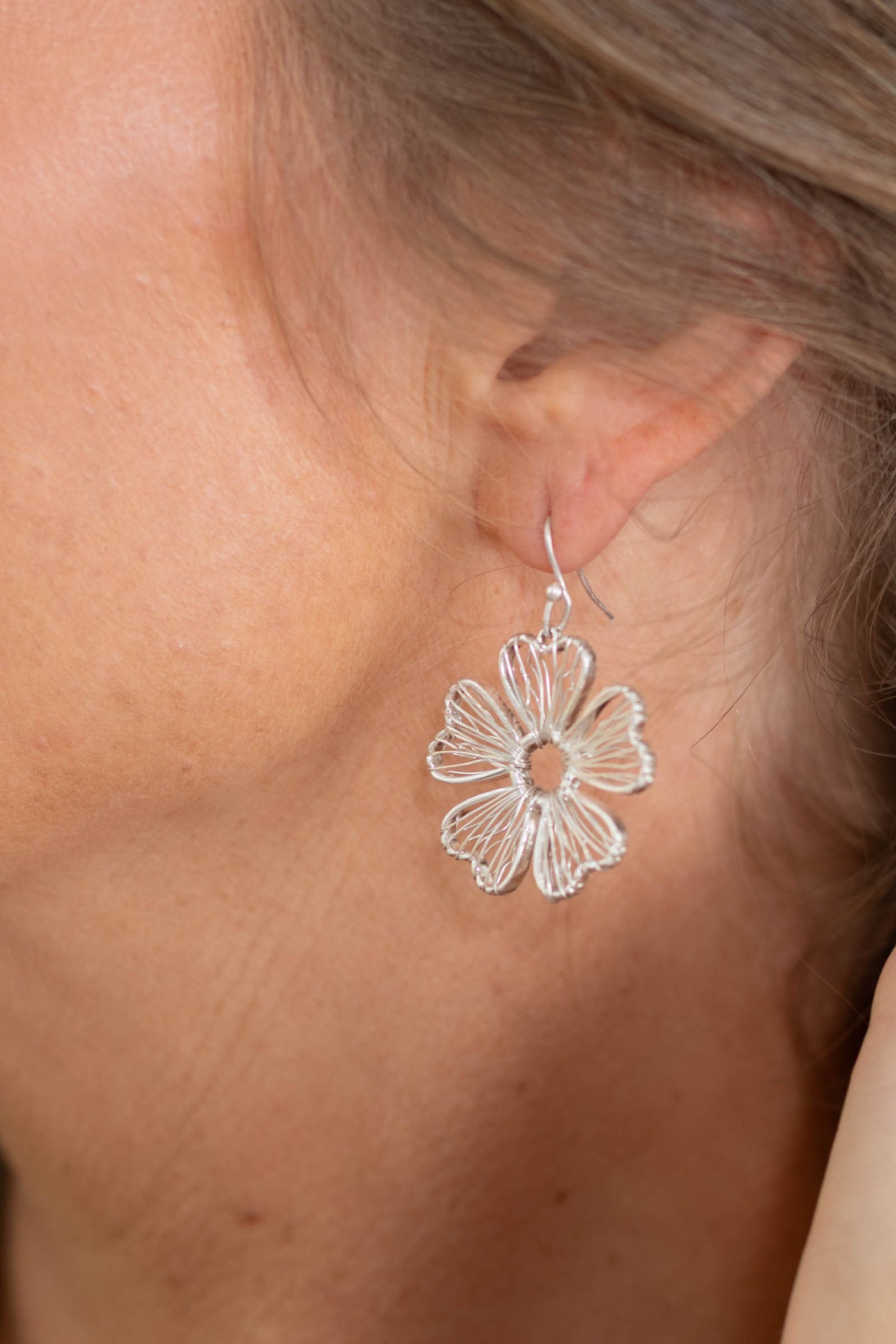 Silver Wire Wrapped Flower Drop Earrings