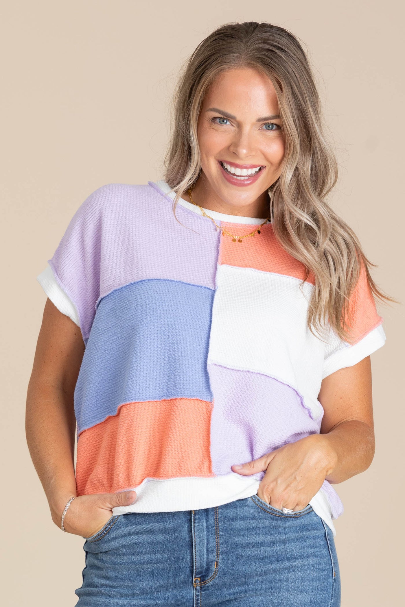Lilac And Orange Colorblock Knit Top