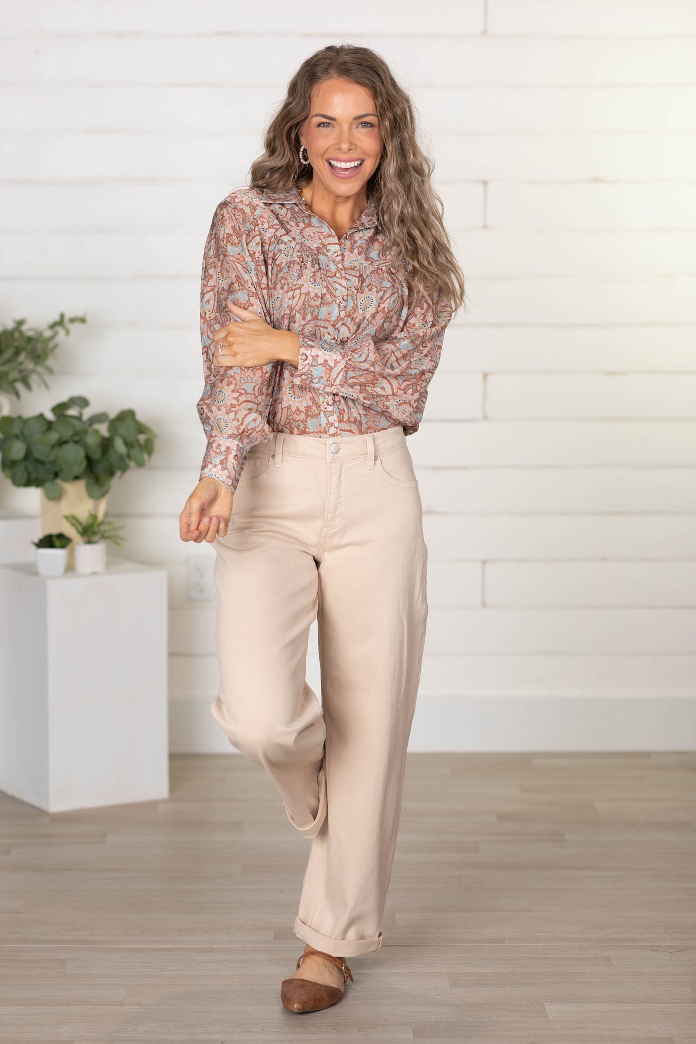 Tan Multicolor Paisley Print Woven Top