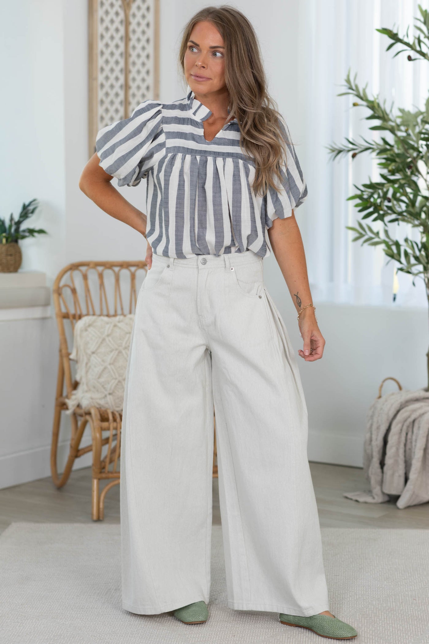 Navy Stripe Bubble Short Sleeve Woven Top