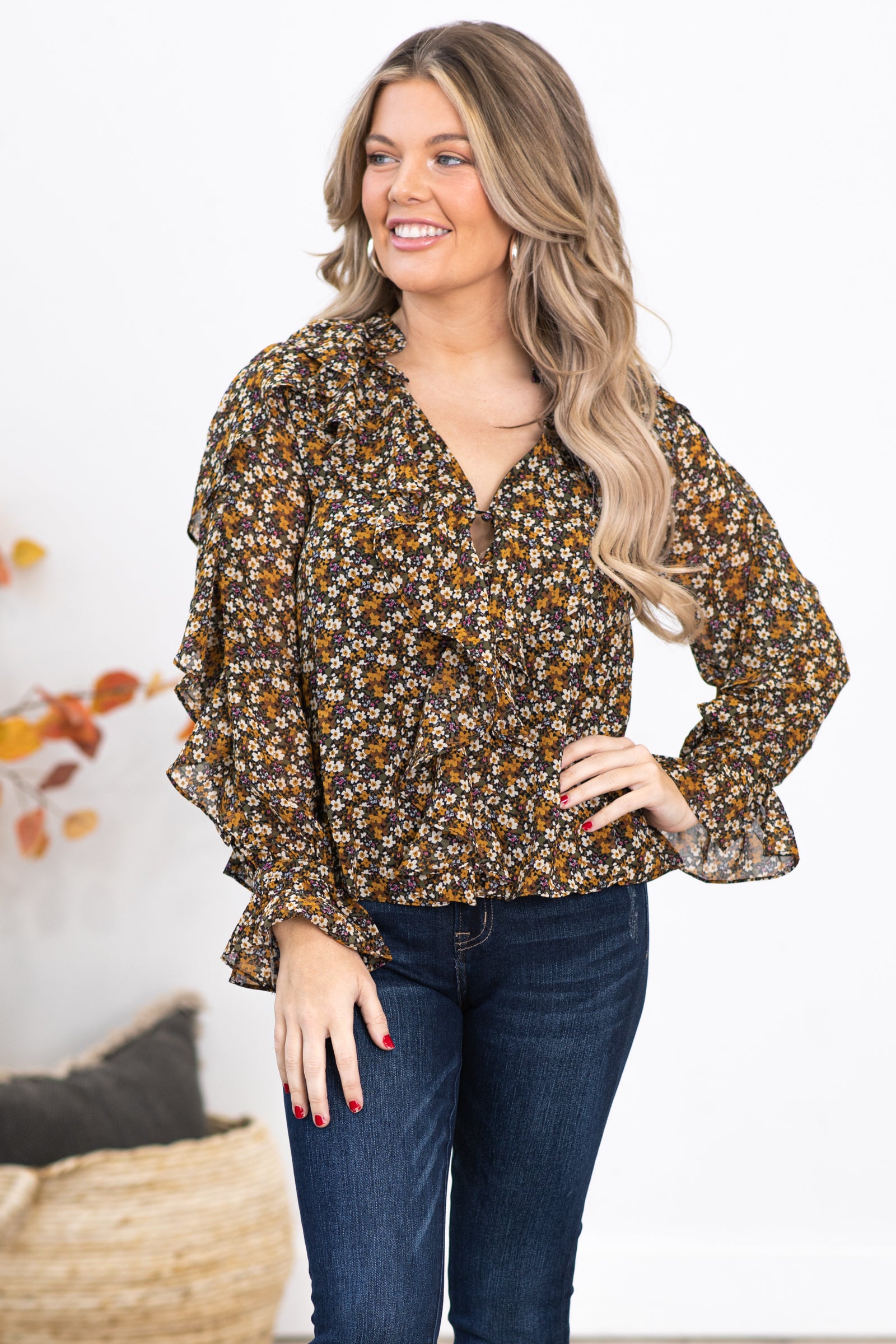 Olive Ditsy Floral Top With Ruffle Detail