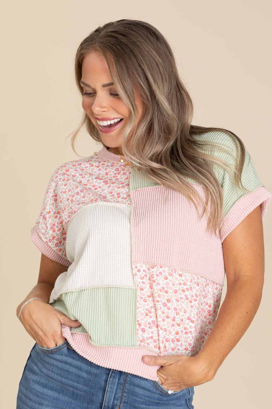 Colorblock Ribbed Daisies Knit Top