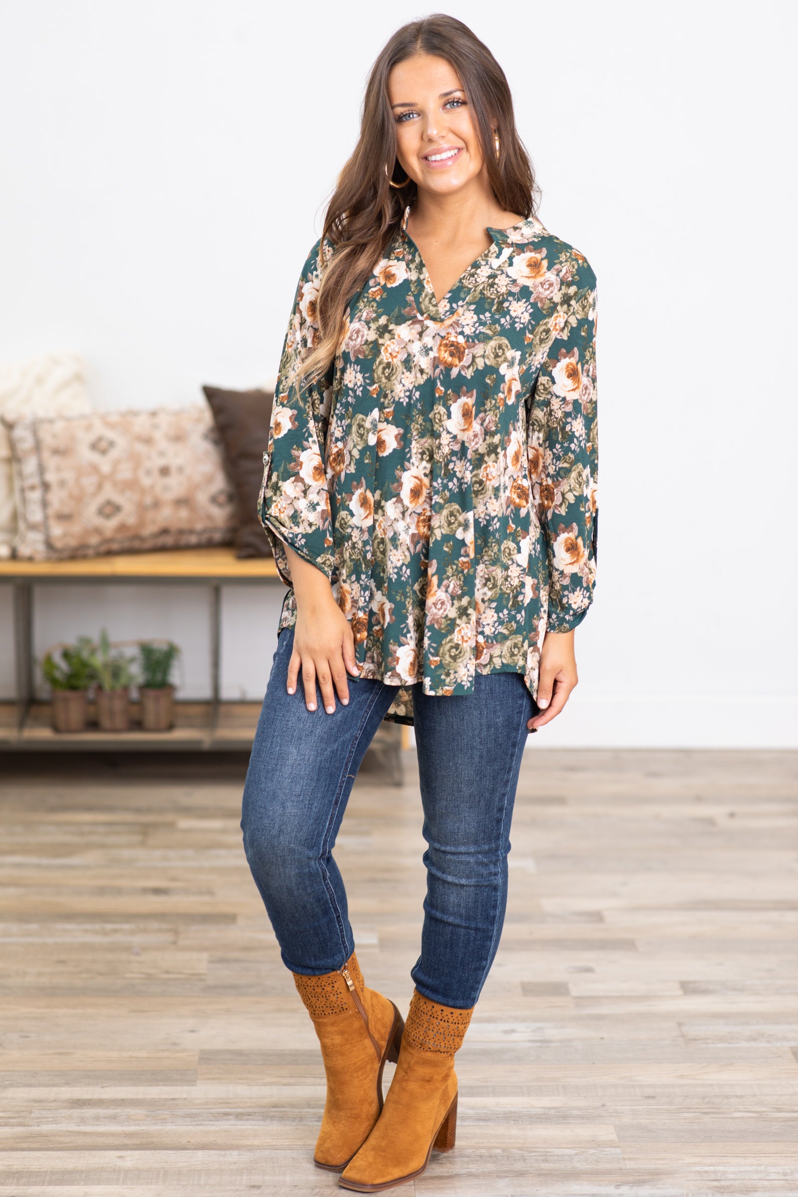 Emerald Green and Ivory Floral Print Top