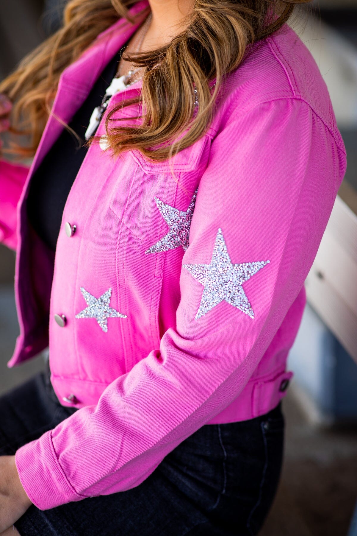 Pink Denim Jacket With Silver Sequin Stars - Filly Flair