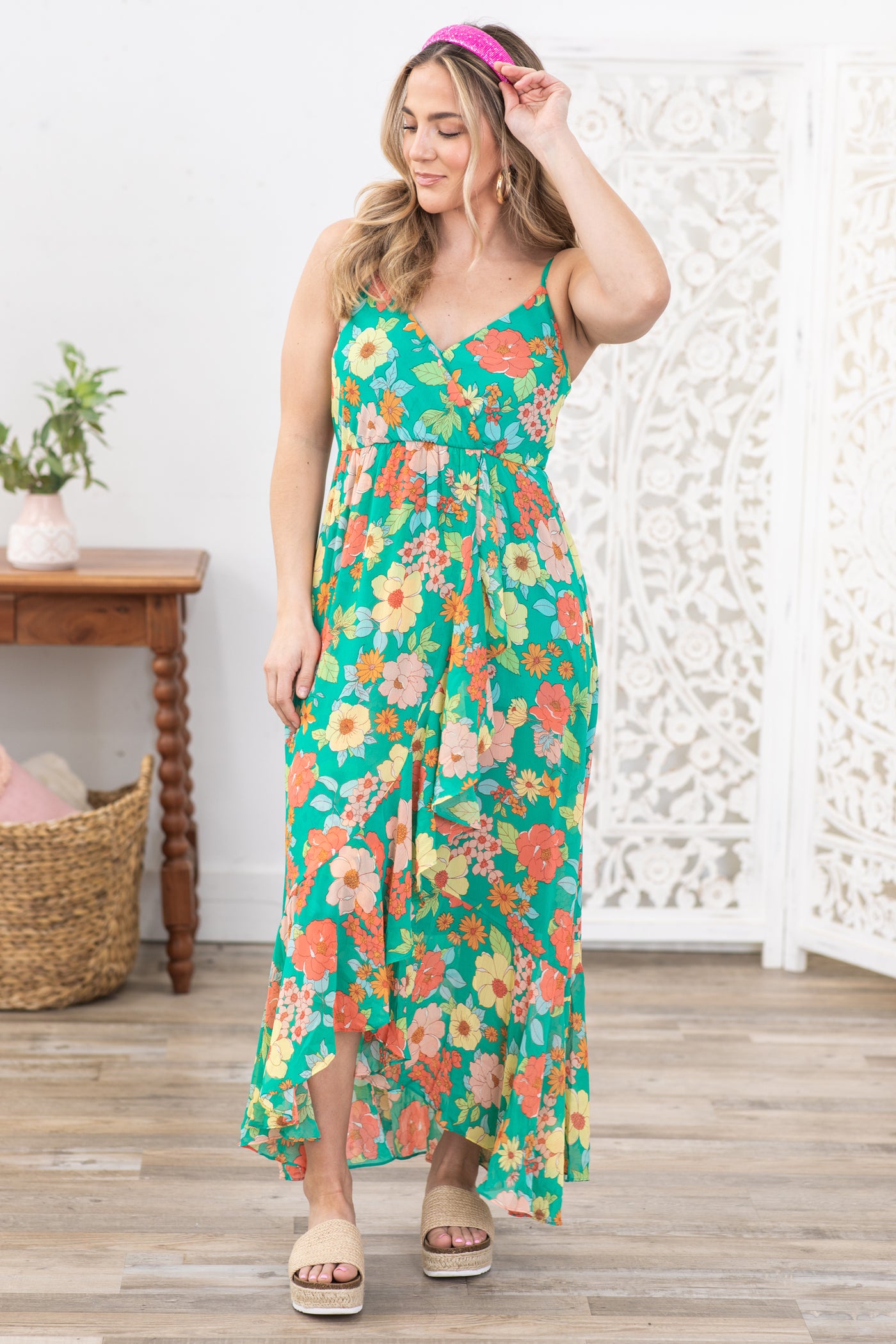 Jade With Multicolor Flowers Maxi Dress