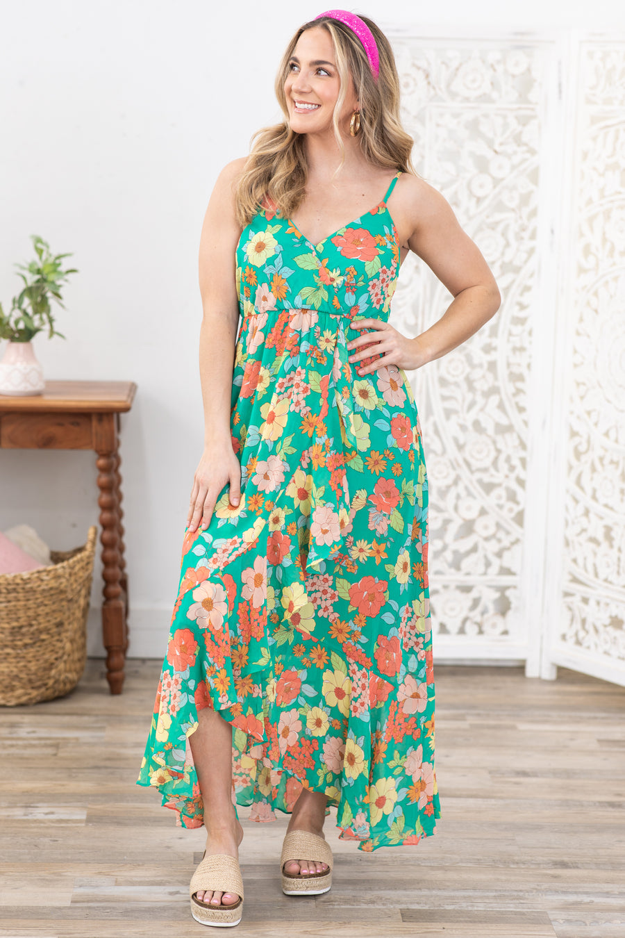 Jade With Multicolor Flowers Maxi Dress