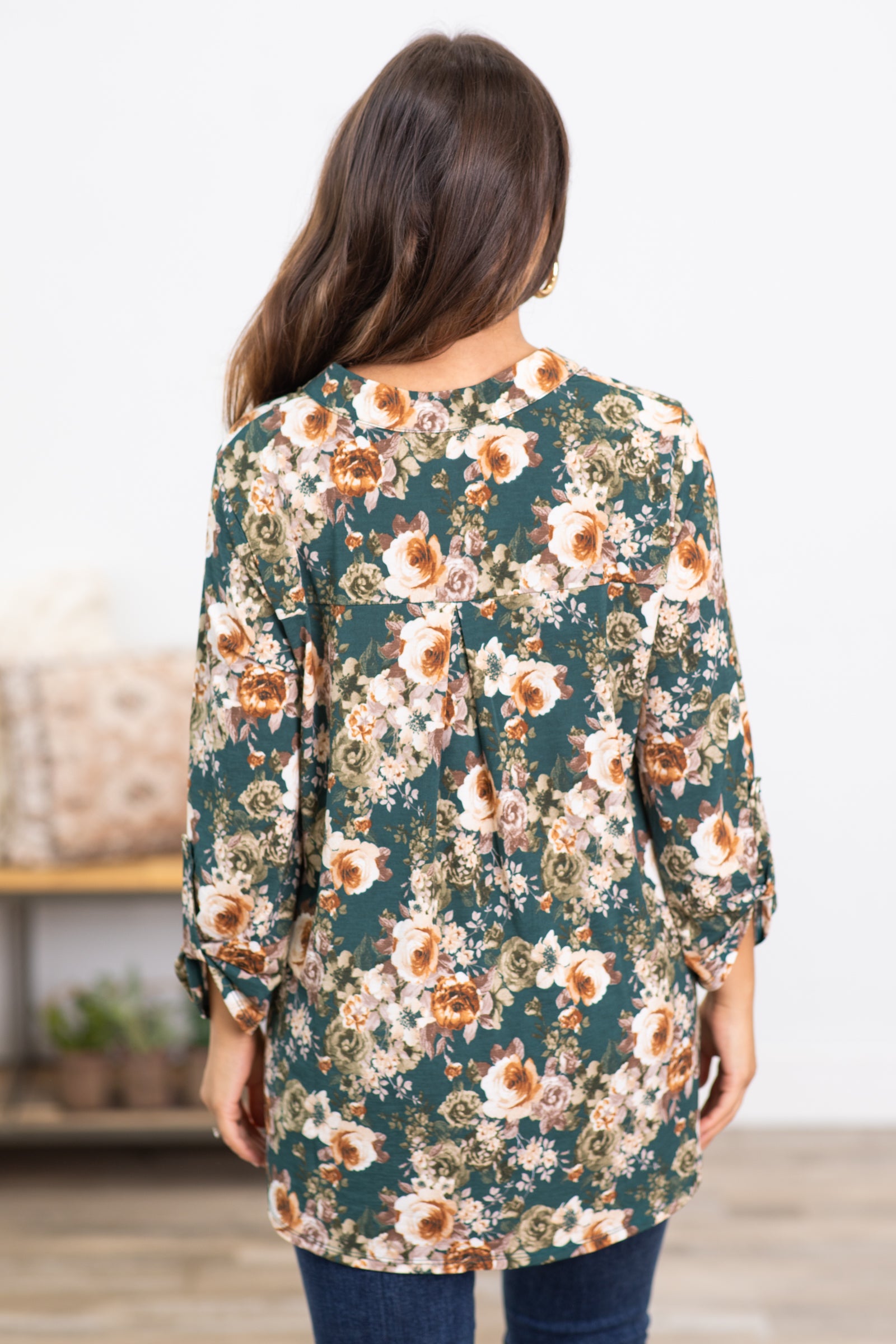 Emerald Green and Ivory Floral Print Top