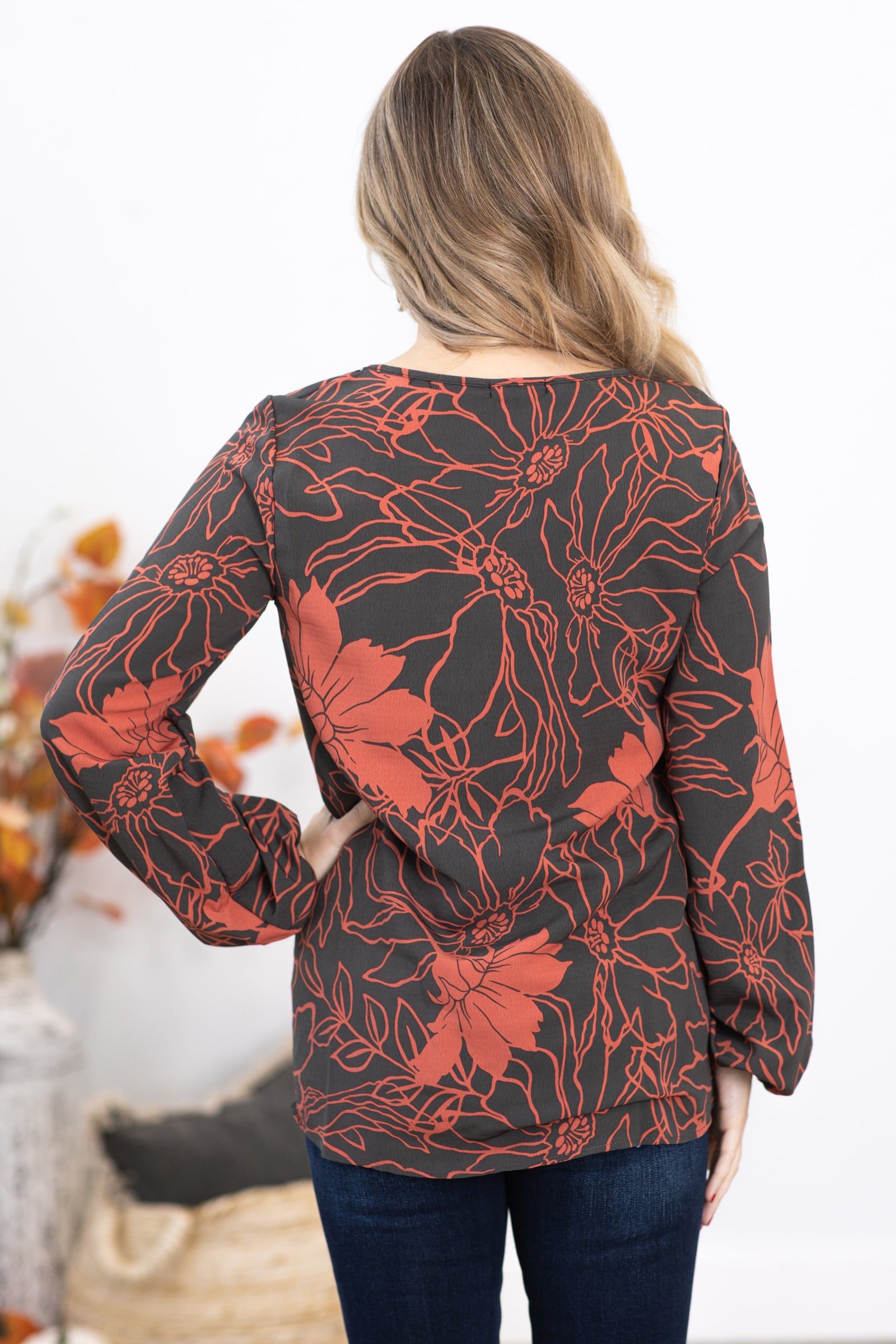 Charcoal and Terra Cotta Floral Print Top