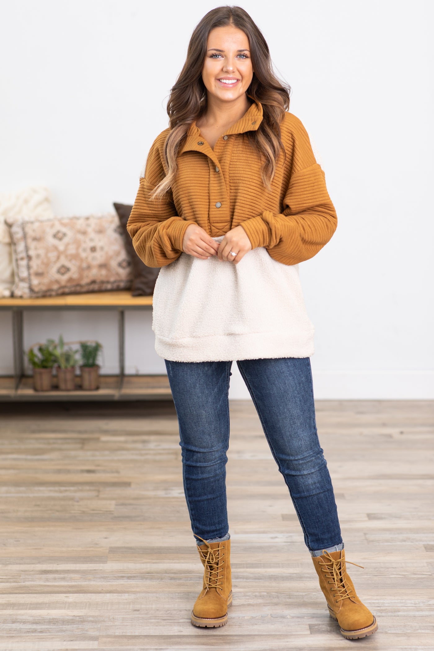 Copper and Beige Sherpa 1/4 Snap Pullover