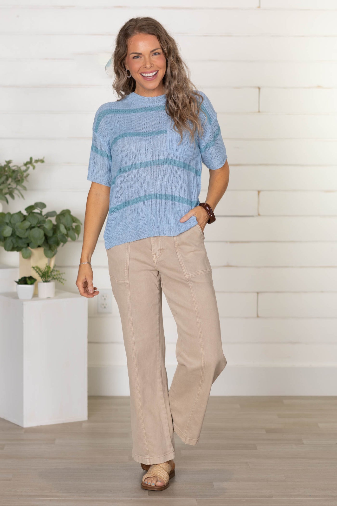 Pastel Blue With Contrast Stripe Knit Sweater Top