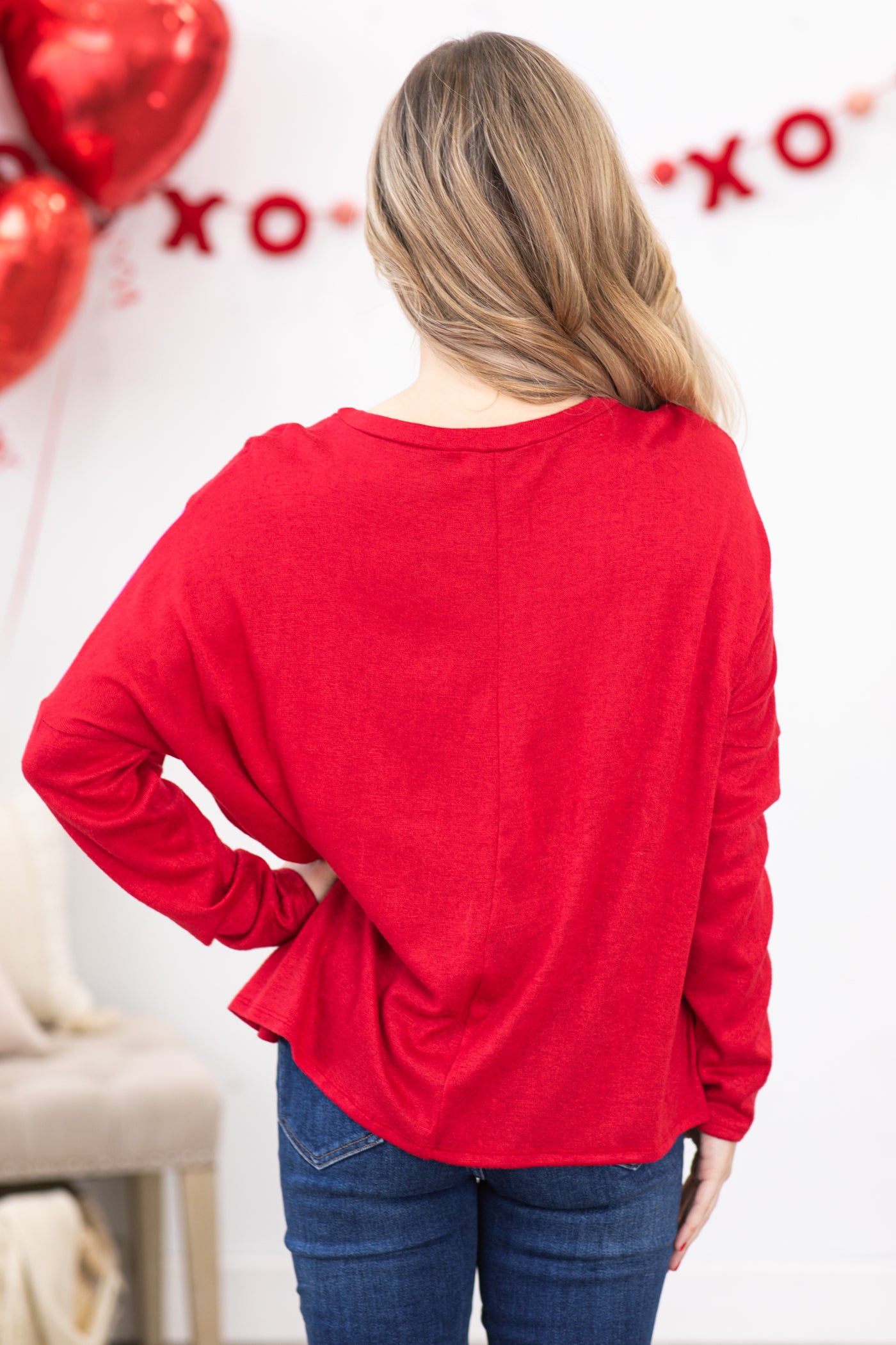 Red and White Asymmetric Dolman Long Sleeve