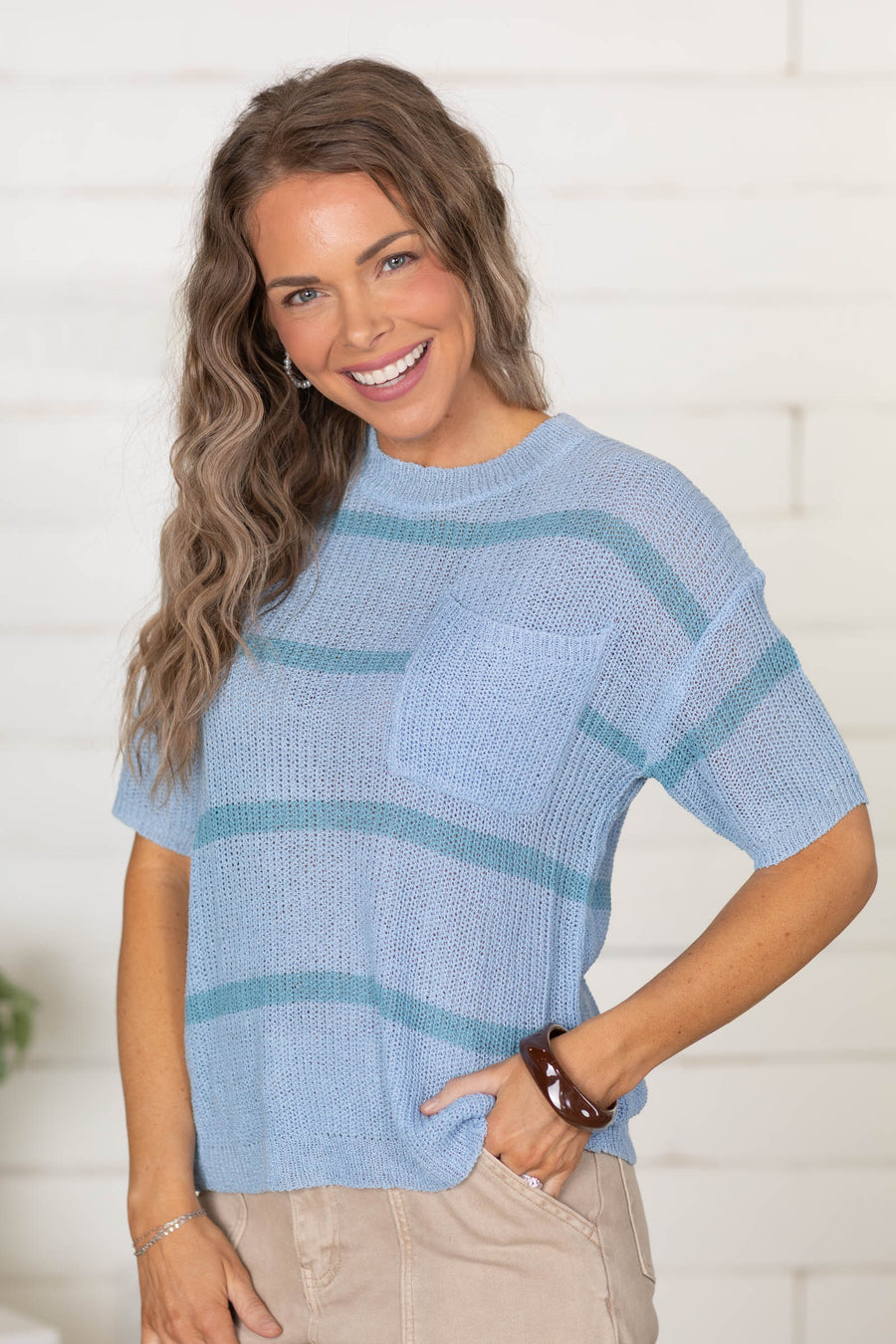 Pastel Blue With Contrast Stripe Knit Sweater Top