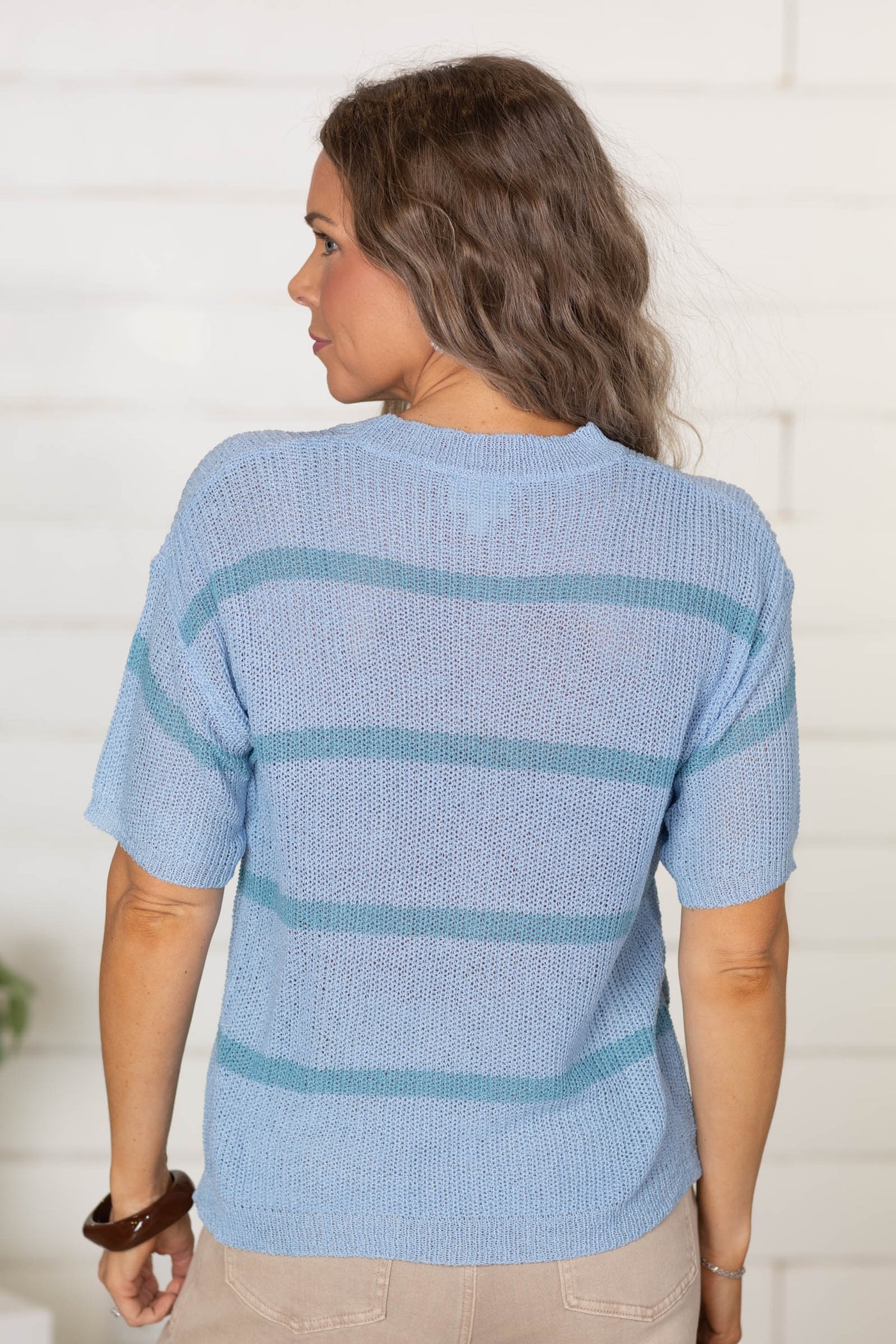Pastel Blue With Contrast Stripe Knit Sweater Top