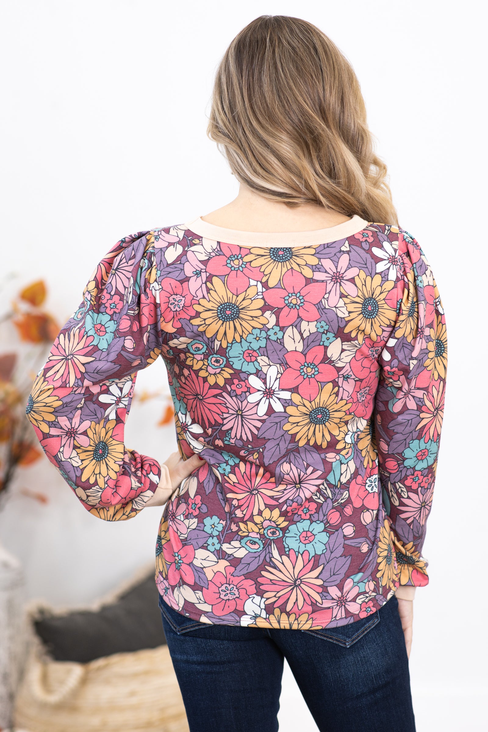 Berry Multicolor Floral Print Puff Sleeve Top