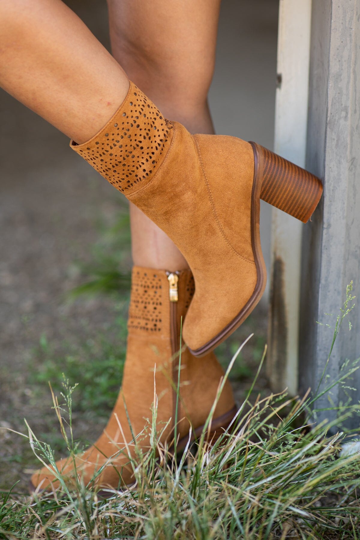Camel Square Toe Laser Cut Detail Booties - Filly Flair