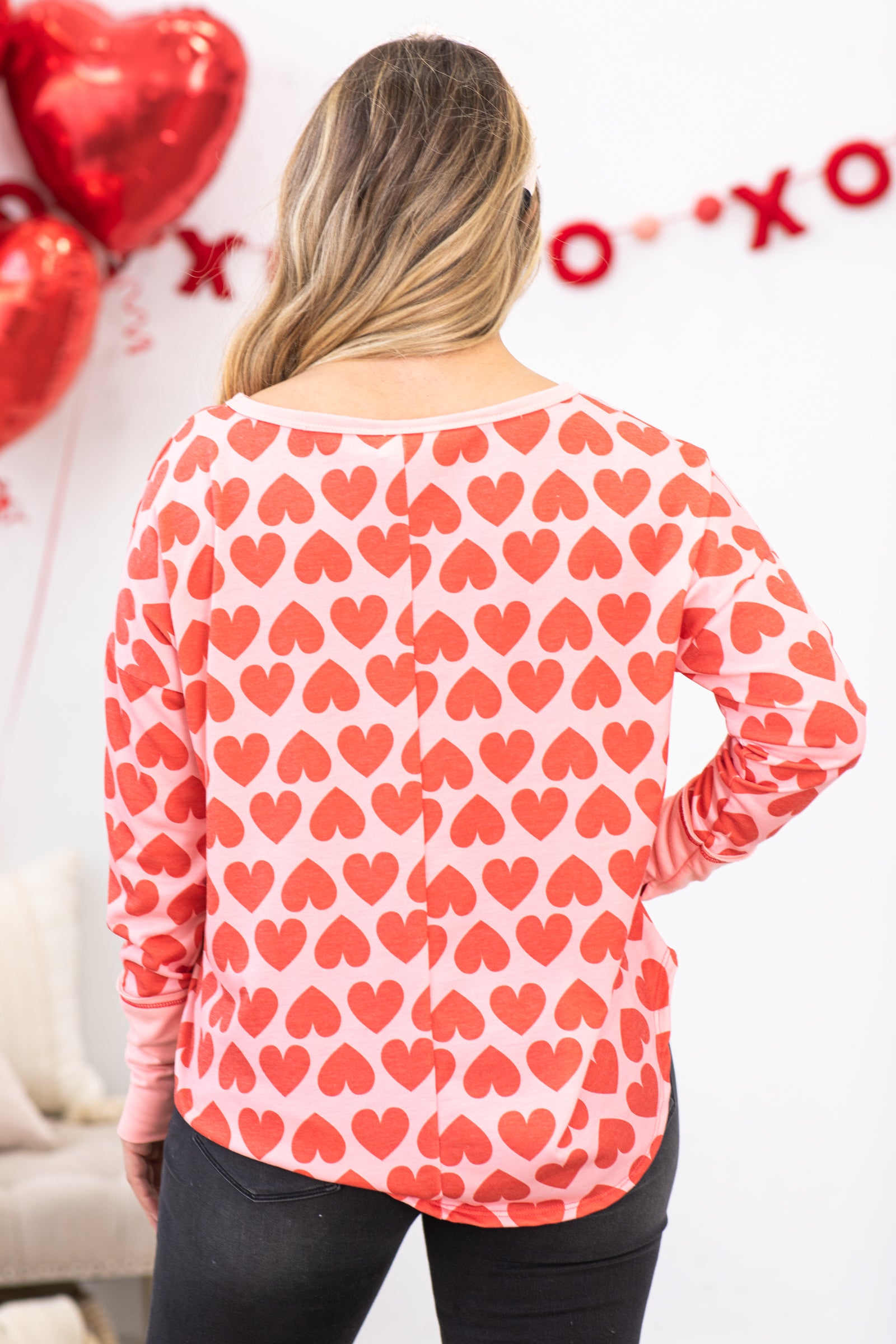 Light Pink and Red Heart Print Top