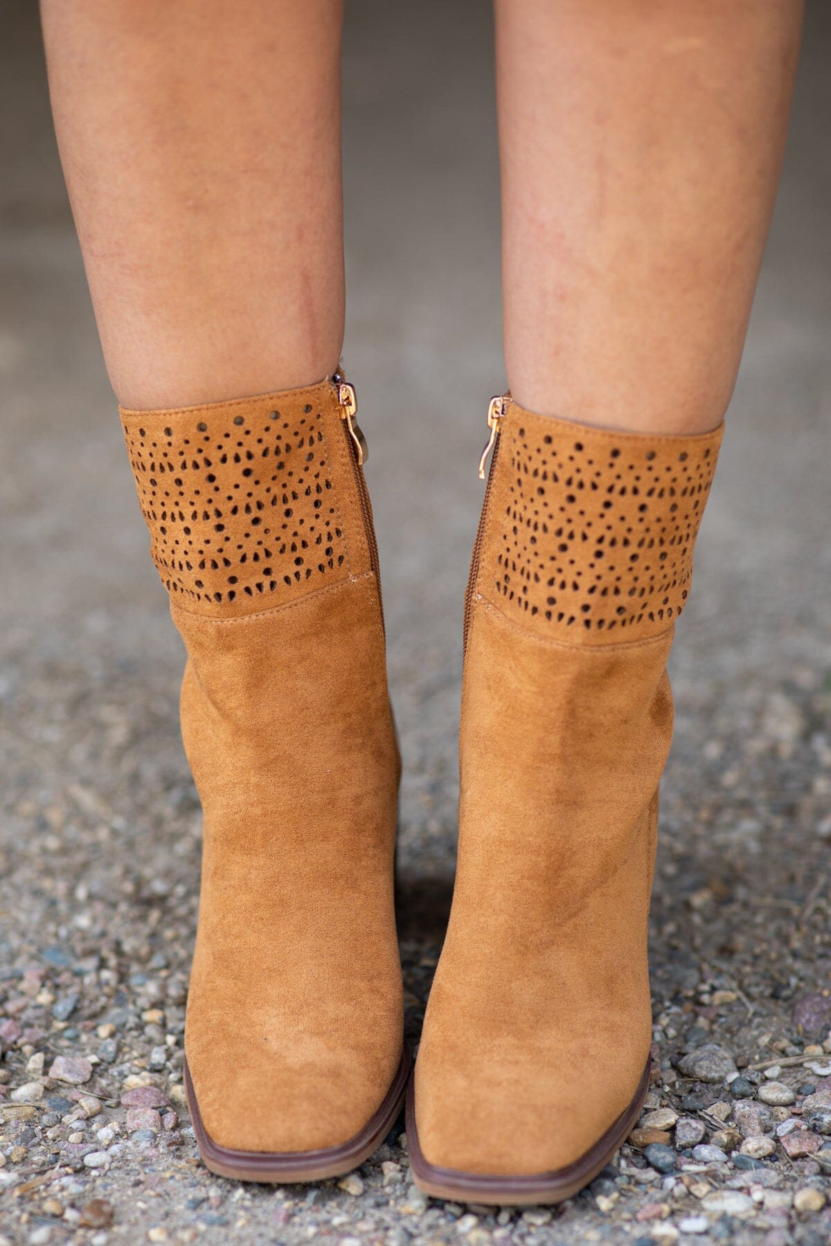 Camel Square Toe Laser Cut Detail Booties - Filly Flair