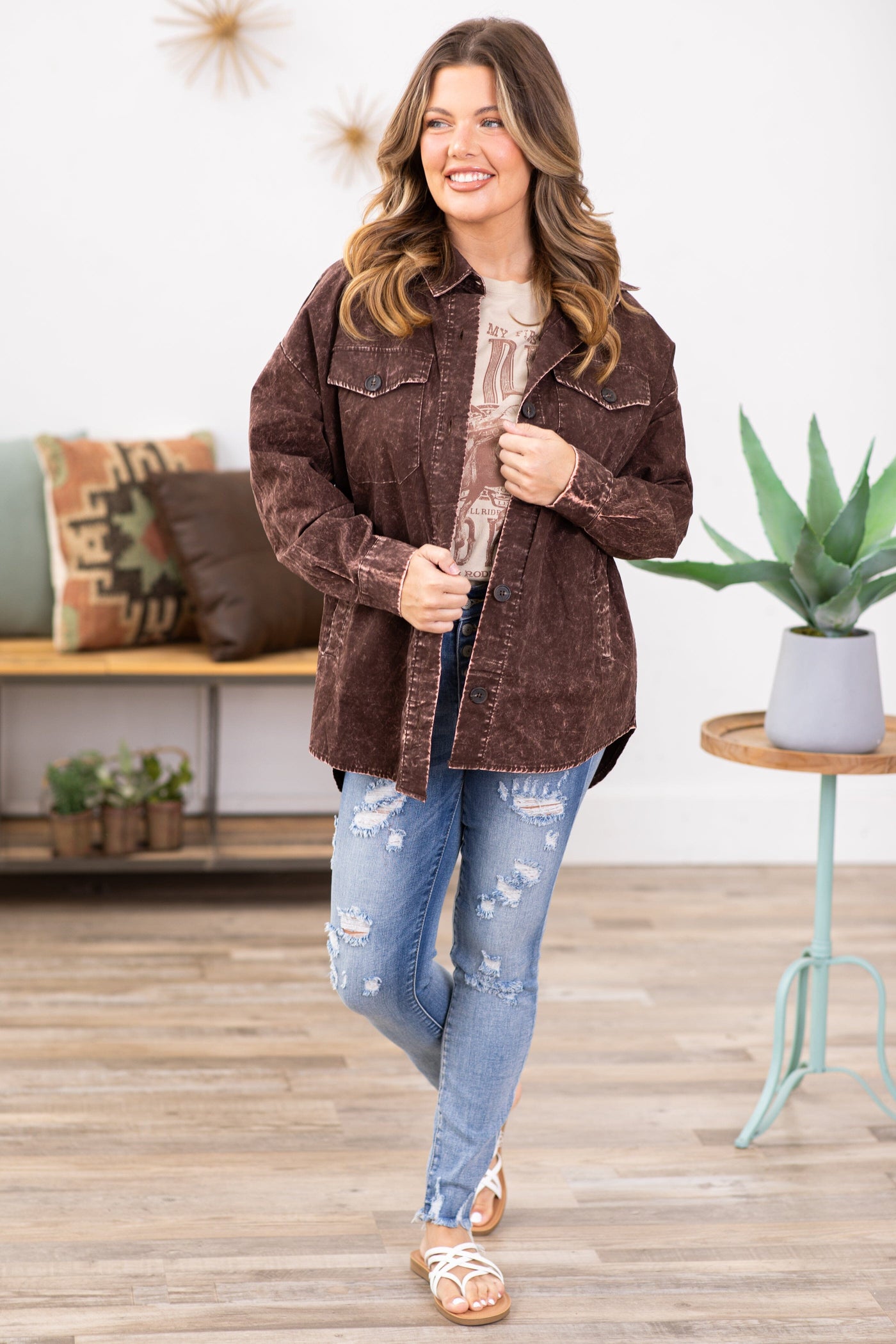 Brown Vintage Washed Shacket - Filly Flair