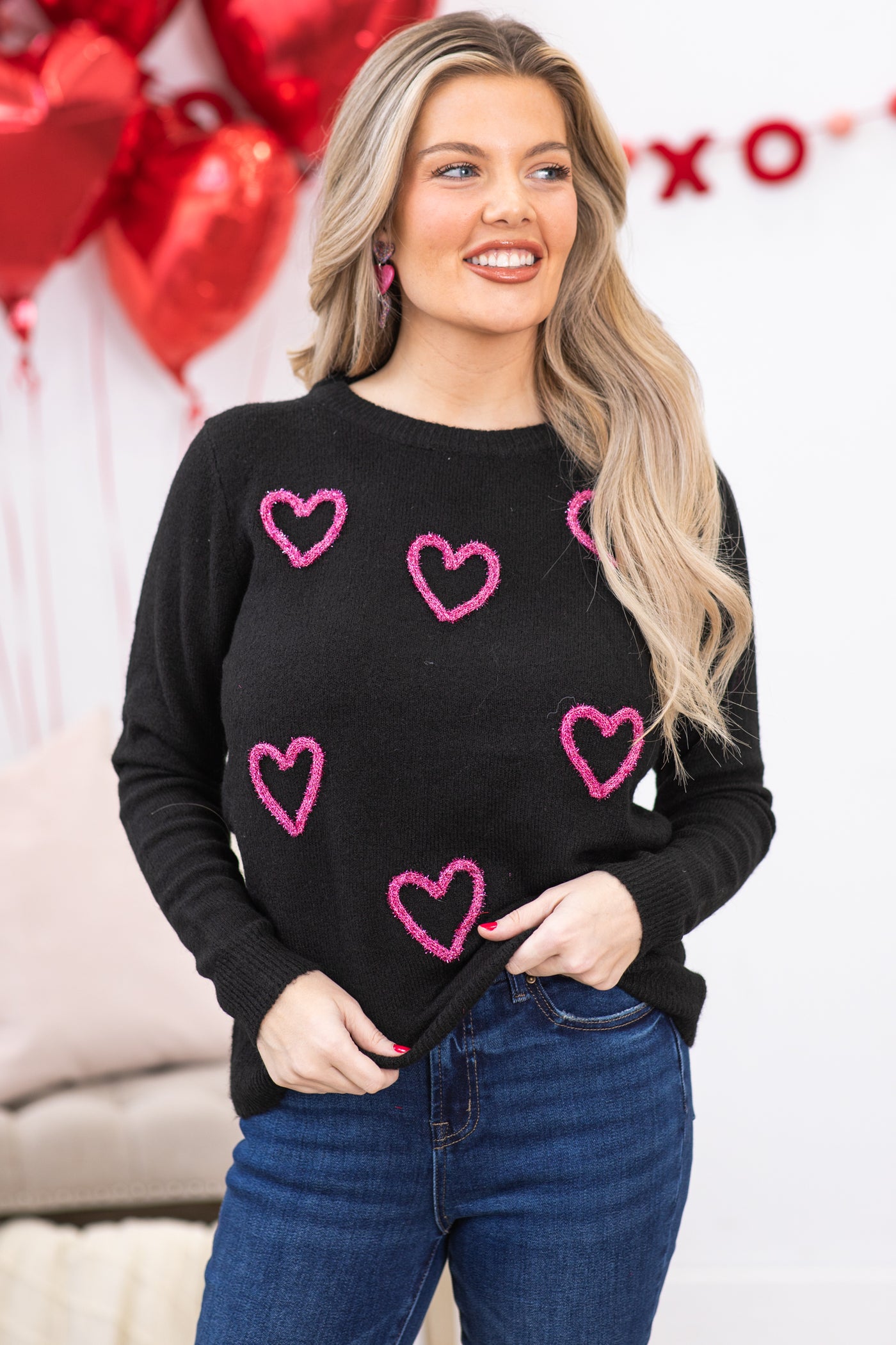 Black and Pink Fuzzy Hearts Sweater
