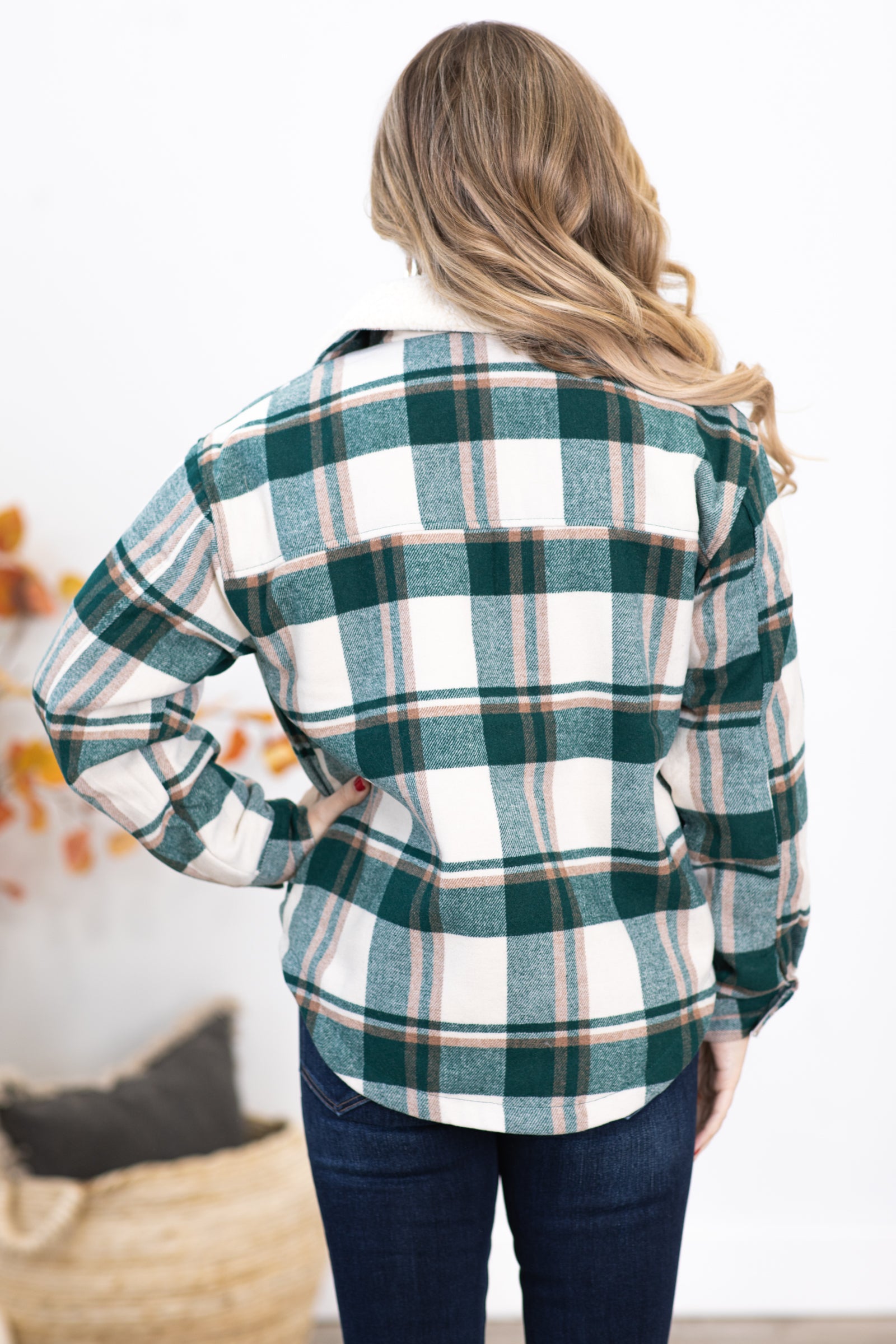 Hunter Green Plaid Jacket With Sherpa Collar