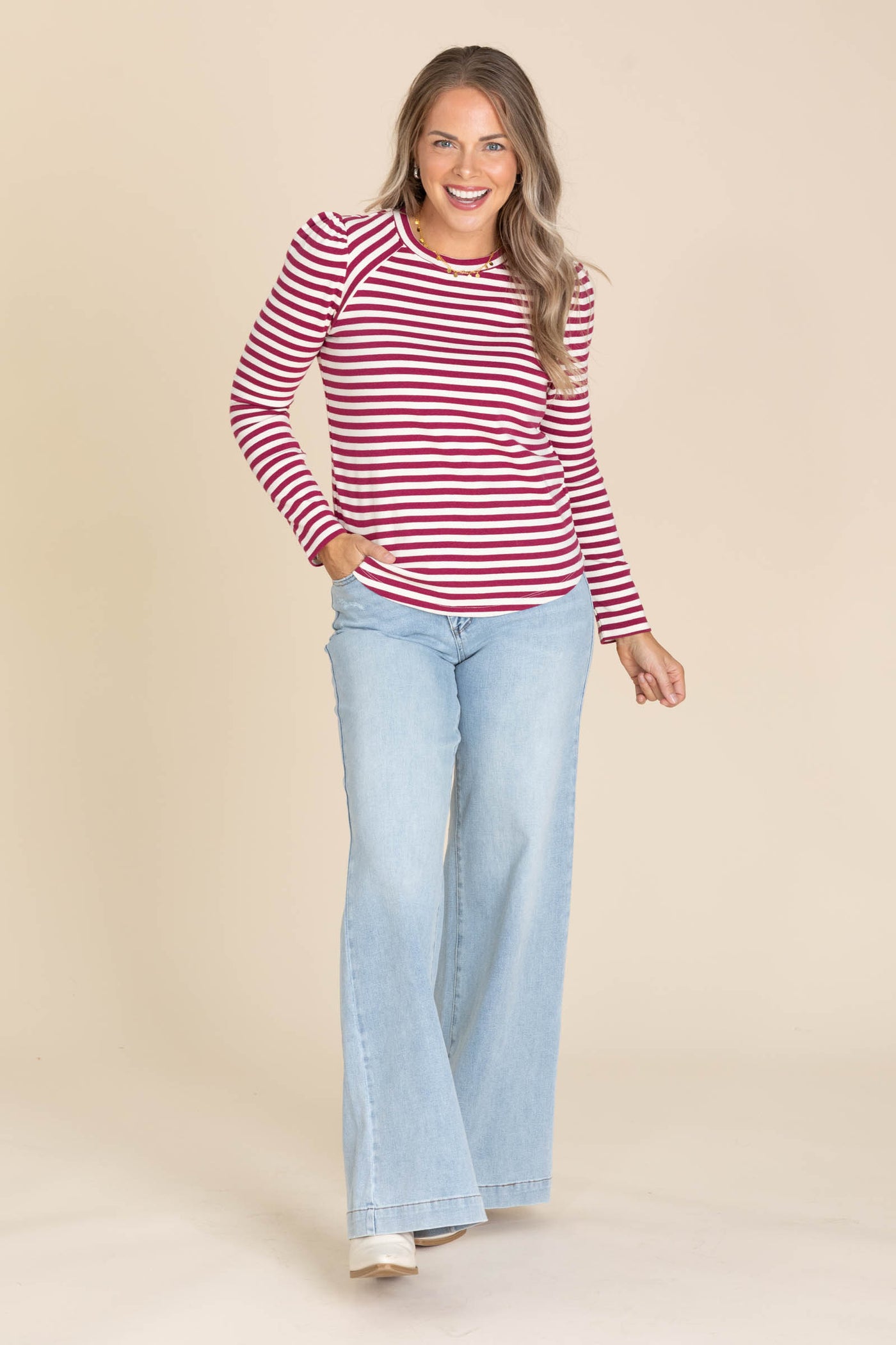 Magenta Striped Knit Crewneck Top