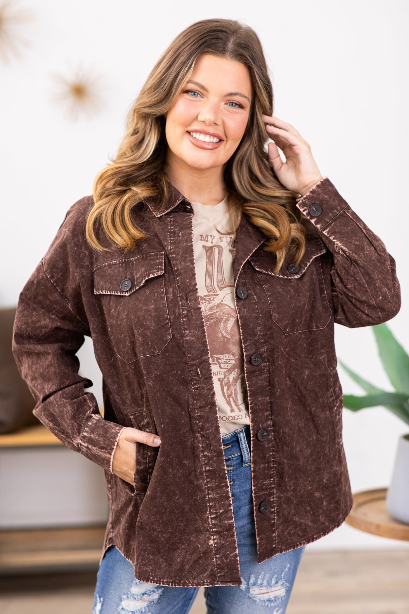 Brown Vintage Washed Shacket - Filly Flair