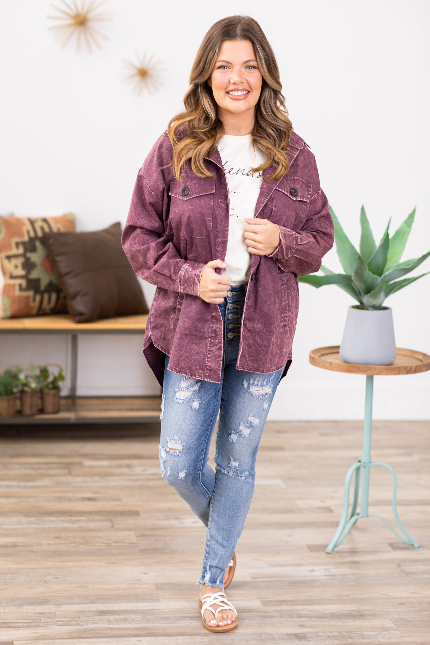 Berry Vintage Washed Shacket - Filly Flair