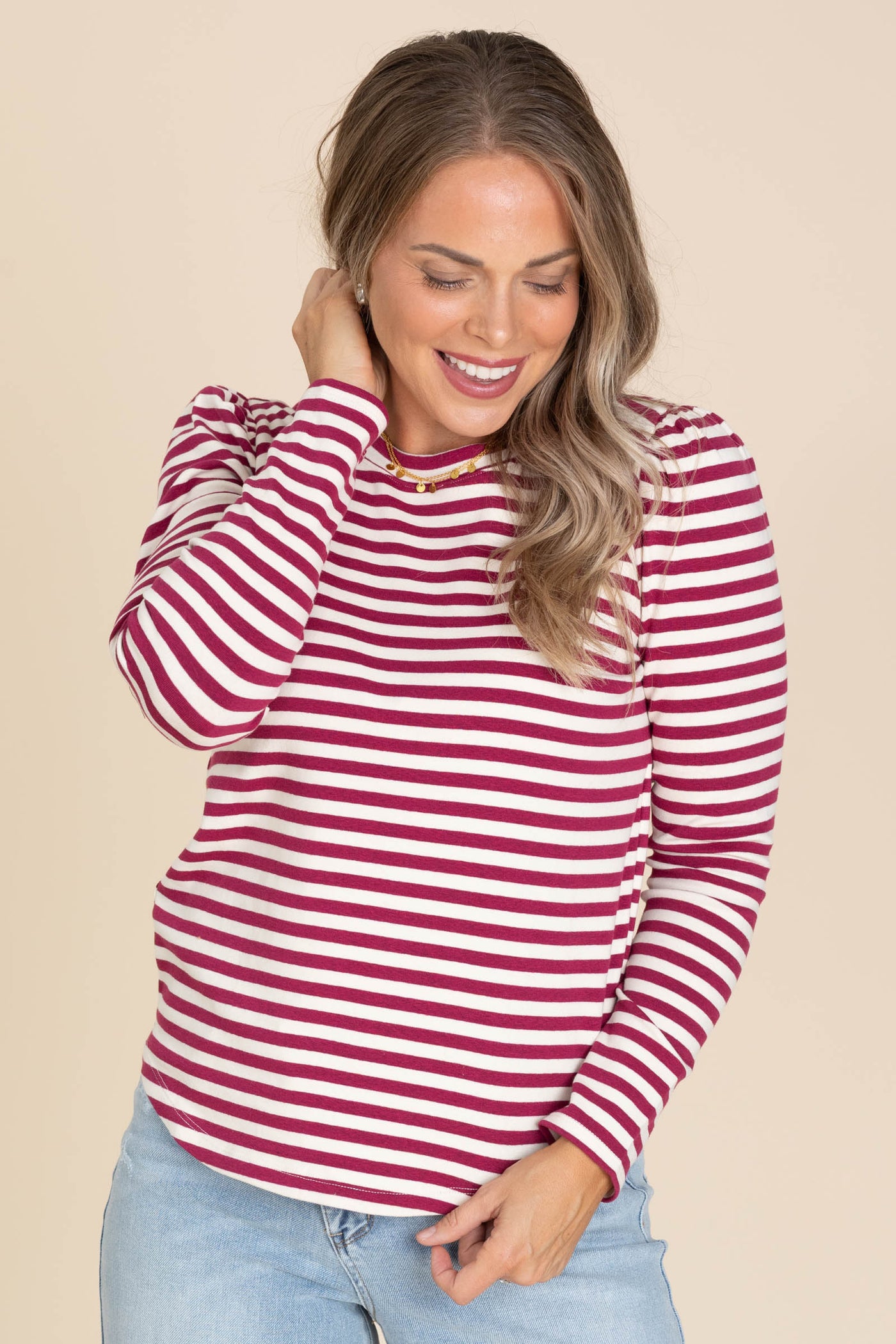 Magenta Striped Knit Crewneck Top