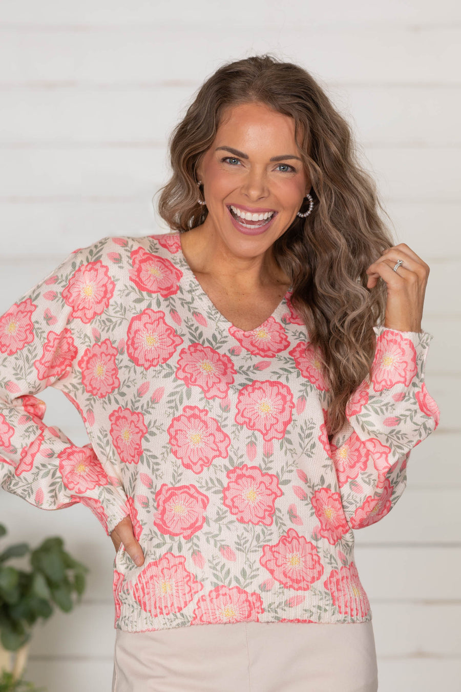 Cream Flower Printed V-Neck Knit Sweater Top