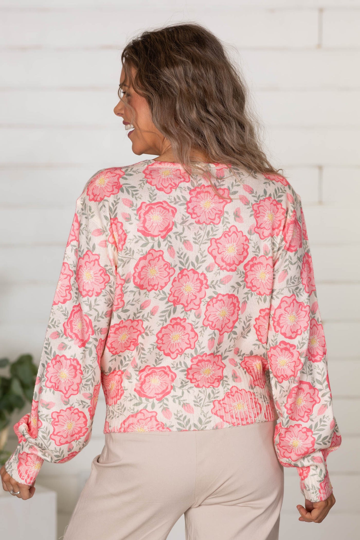 Cream Flower Printed V-Neck Knit Sweater Top