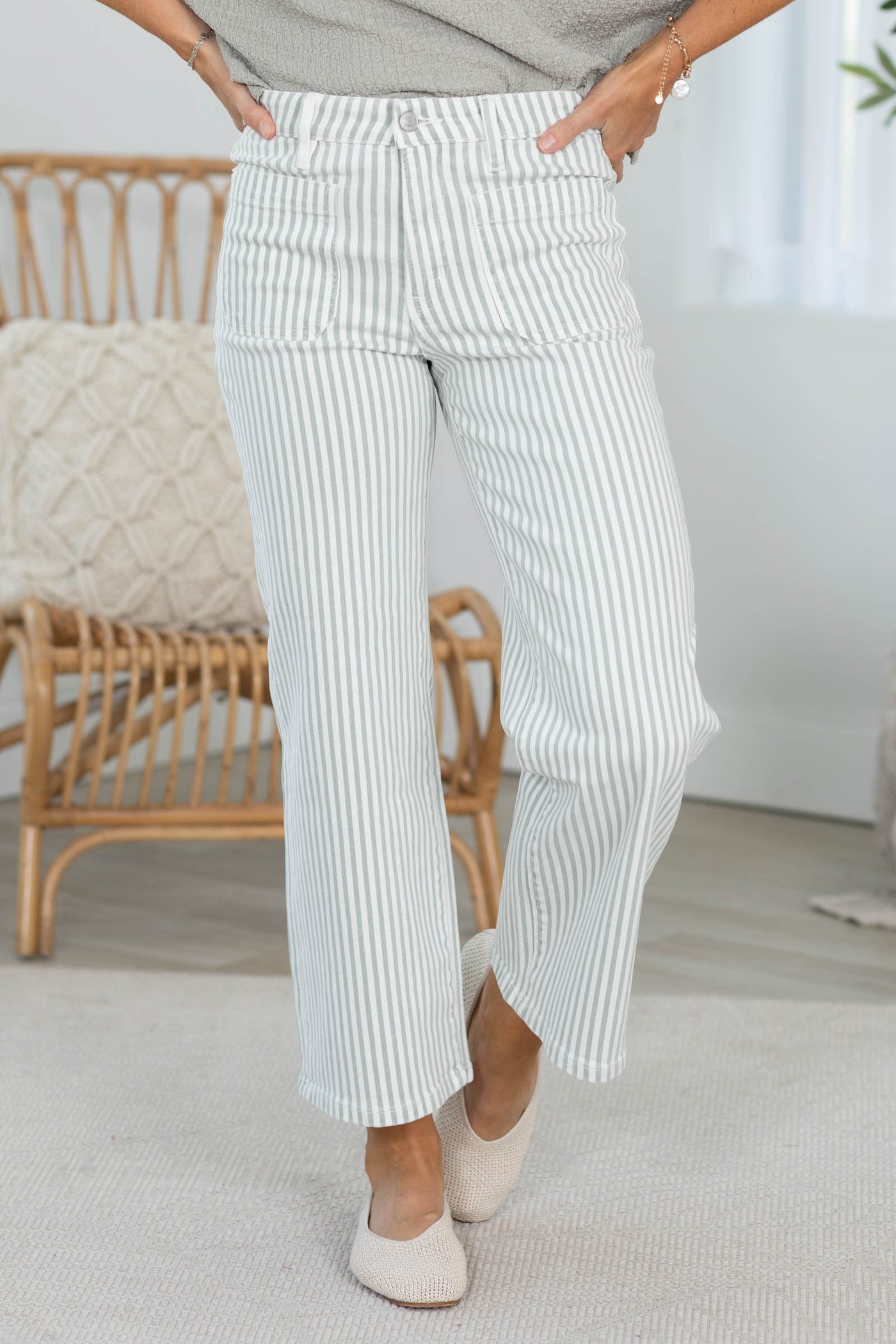 Mica Sage Stripe Wide Leg Cropped Pant
