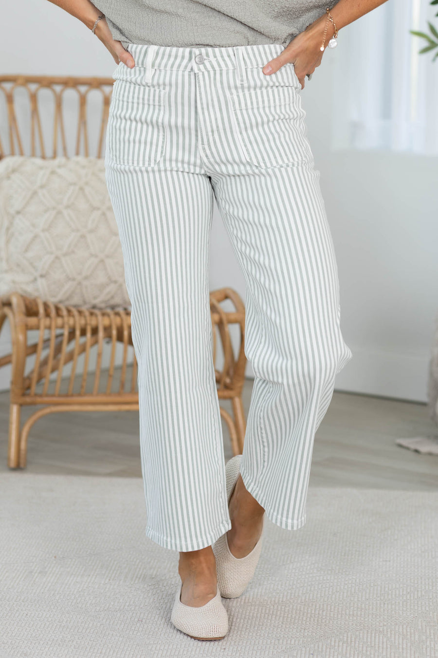 Mica Sage Stripe Wide Leg Cropped Pant