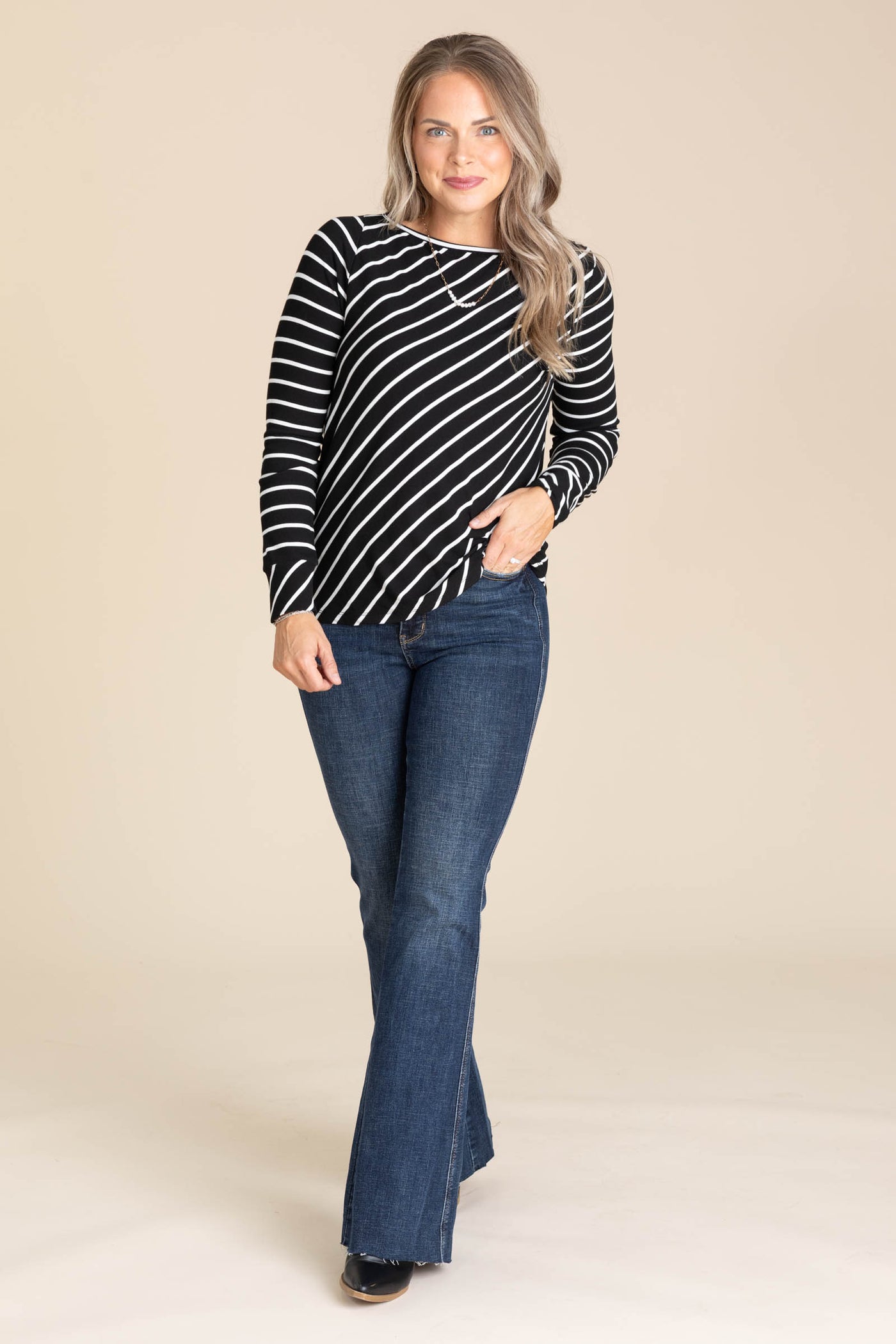 Black Boat Neck Striped Baby Rib Knit Top