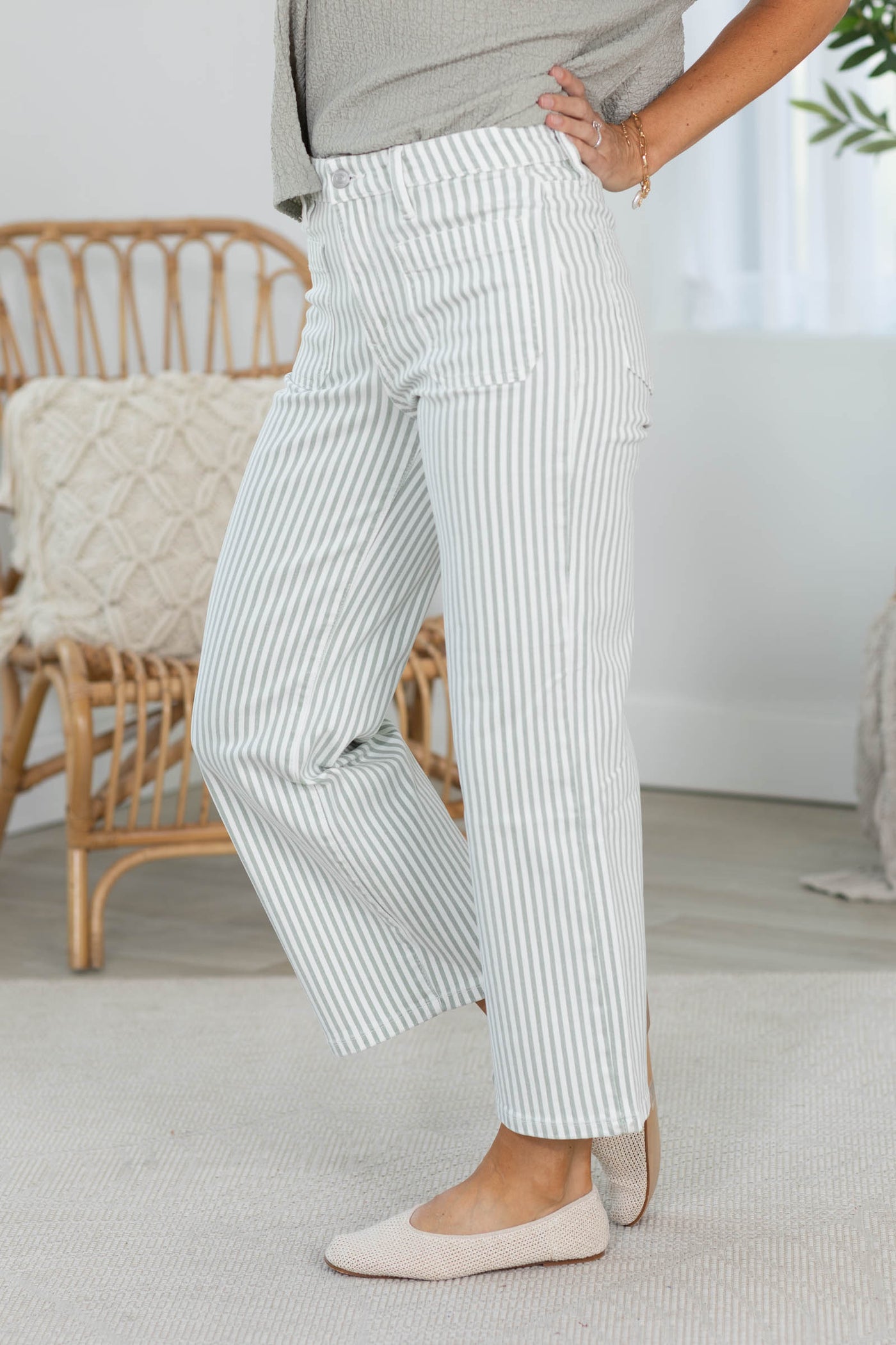 Mica Sage Stripe Wide Leg Cropped Pant