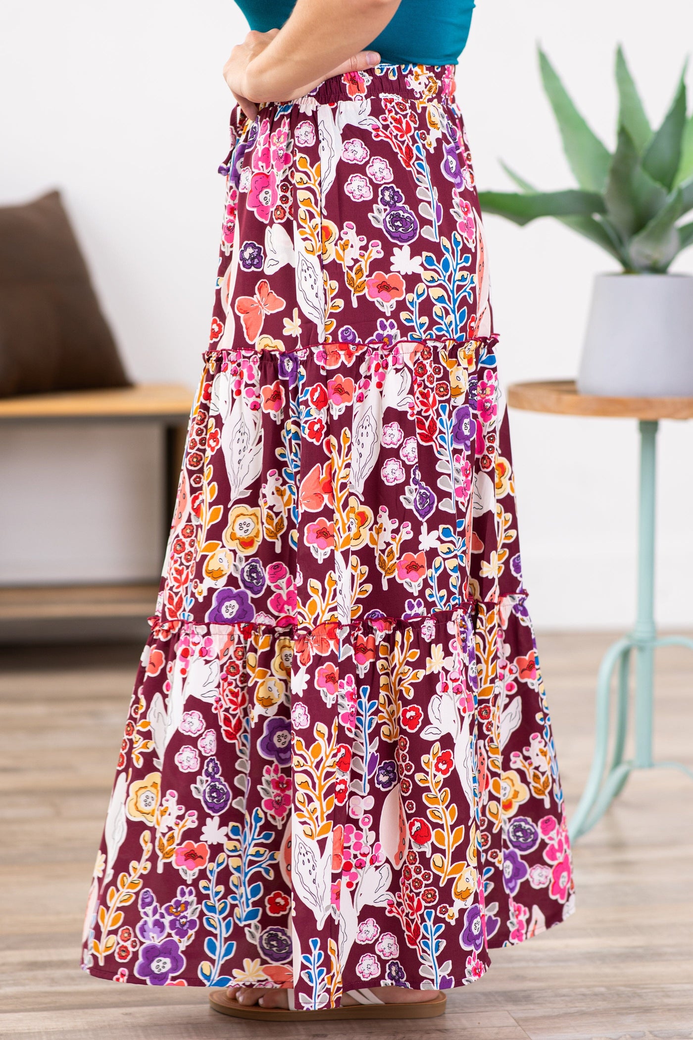 Pink Multicolor Floral Tiered Maxi Skirt - Filly Flair