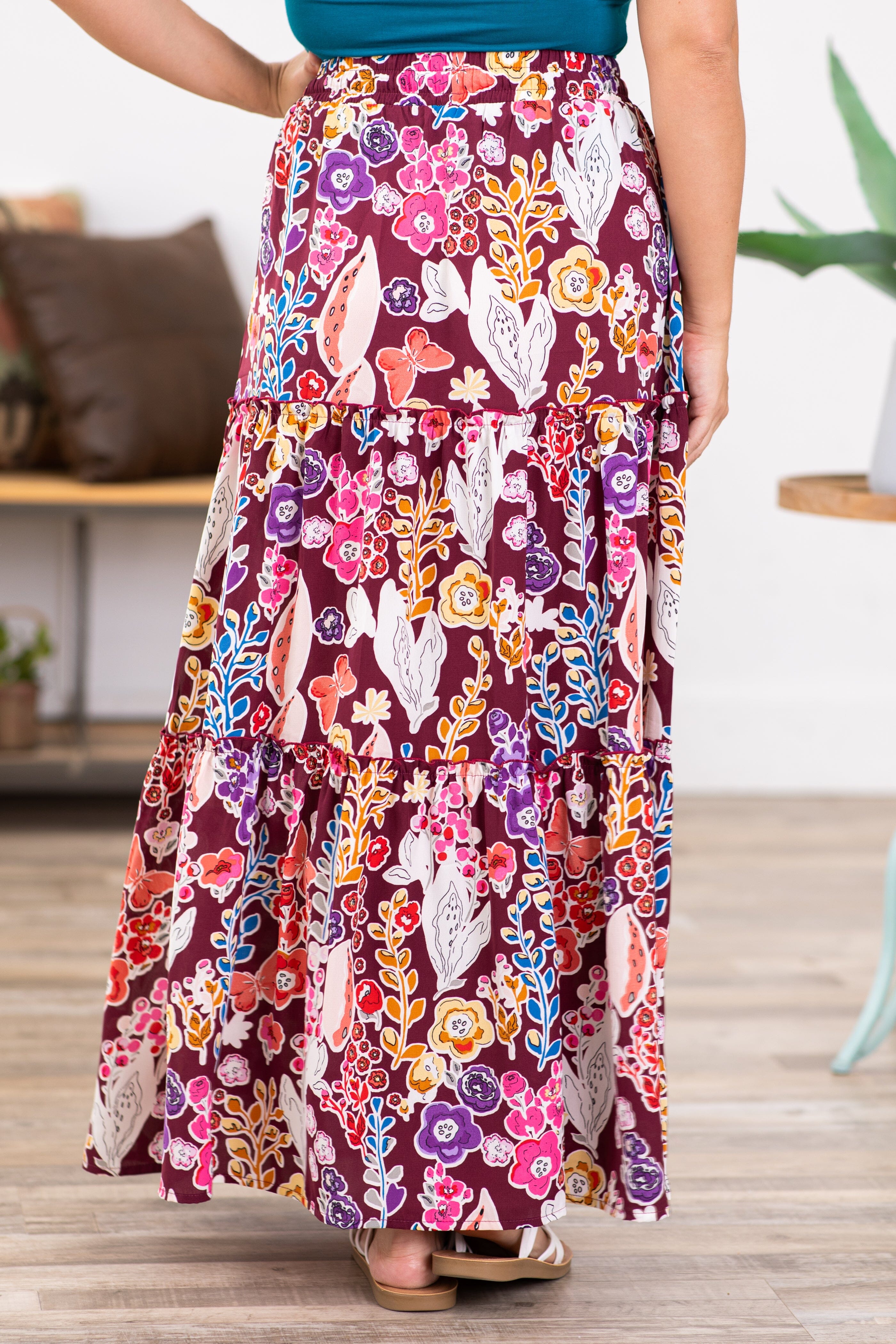 Pink Multicolor Floral Tiered Maxi Skirt - Filly Flair