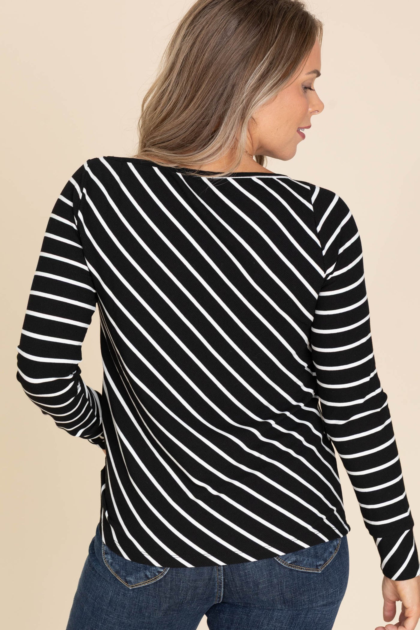 Black Boat Neck Striped Baby Rib Knit Top