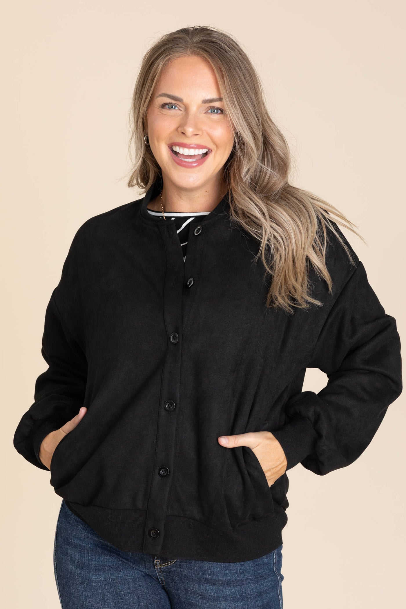 Black Soft Microsuede Bomber Jacket