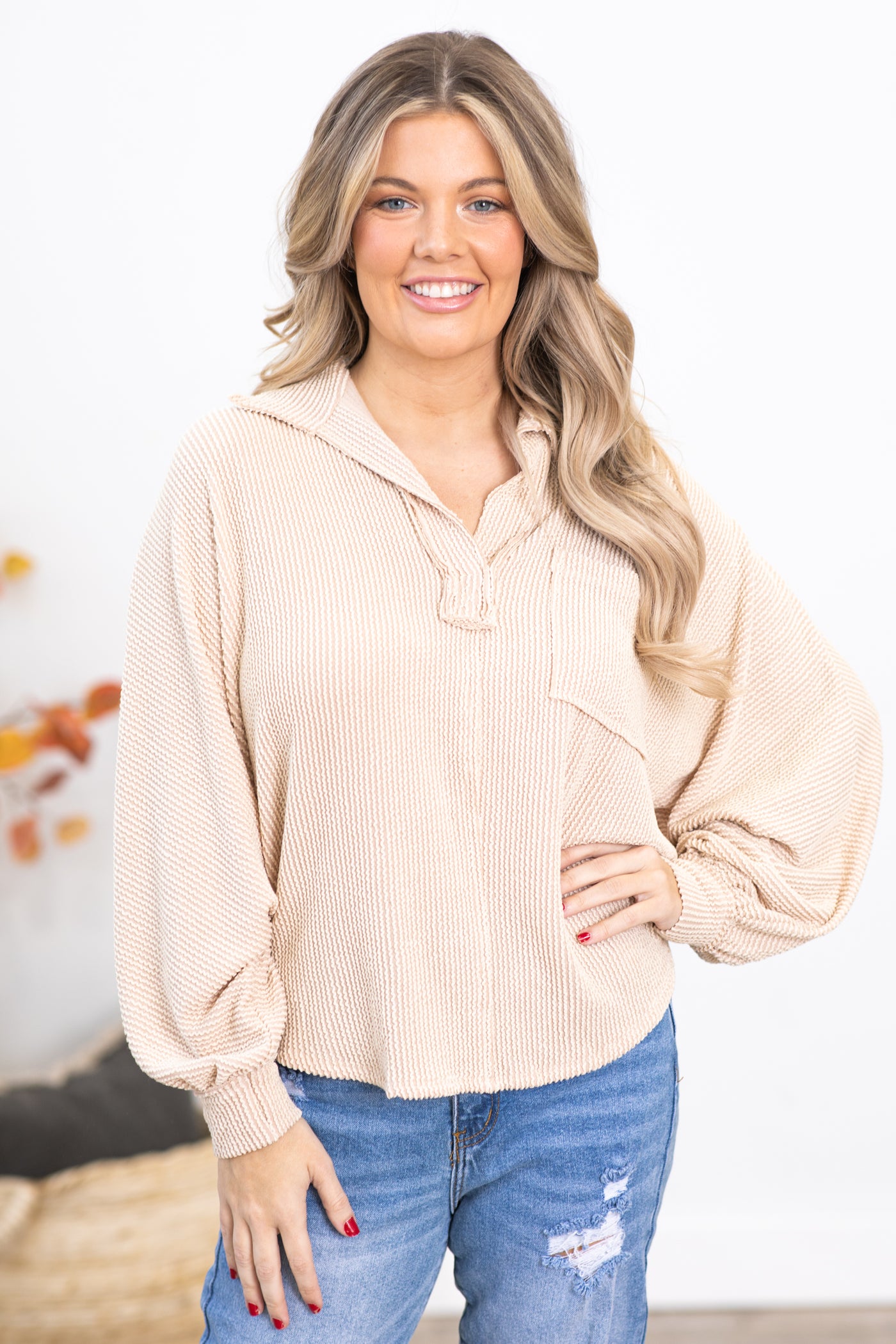 Beige Ribbed Top With Collar