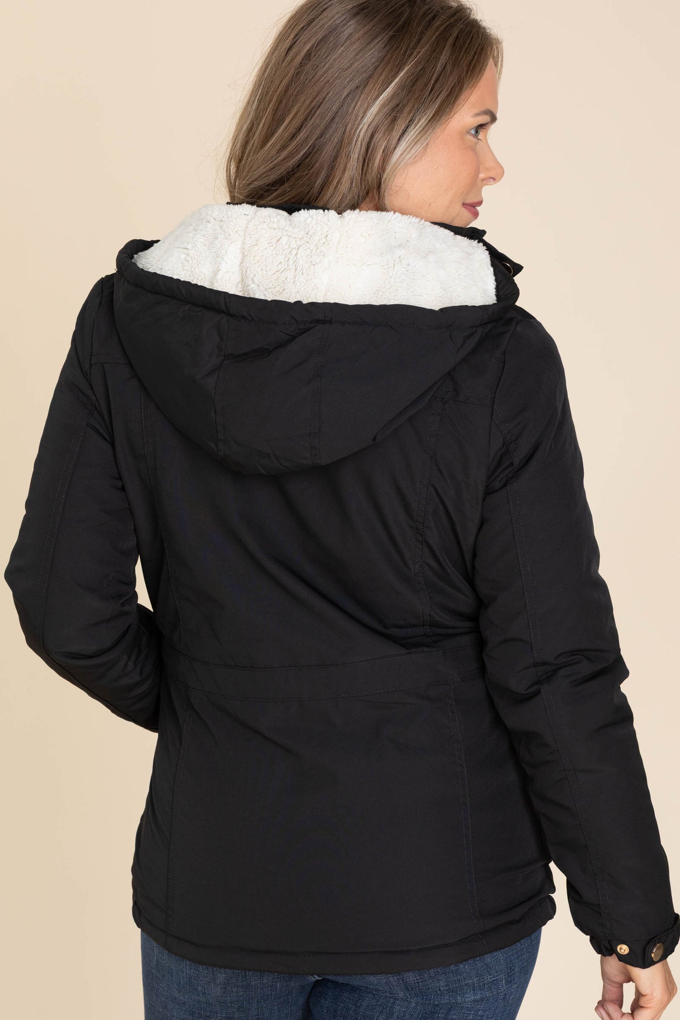 Black Sherpa Lined Hooded Coat