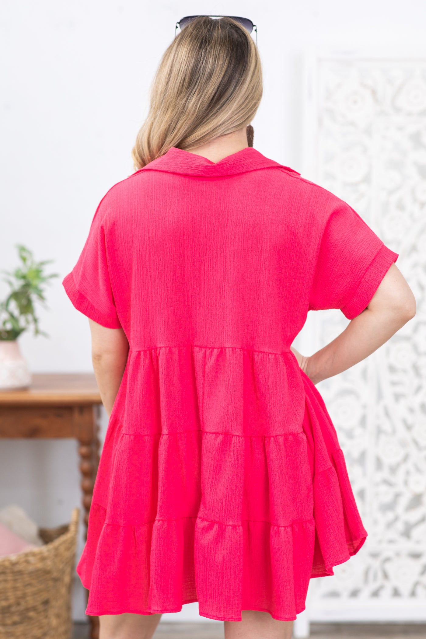 Pink Woven Short Sleeve Collar Button Dress