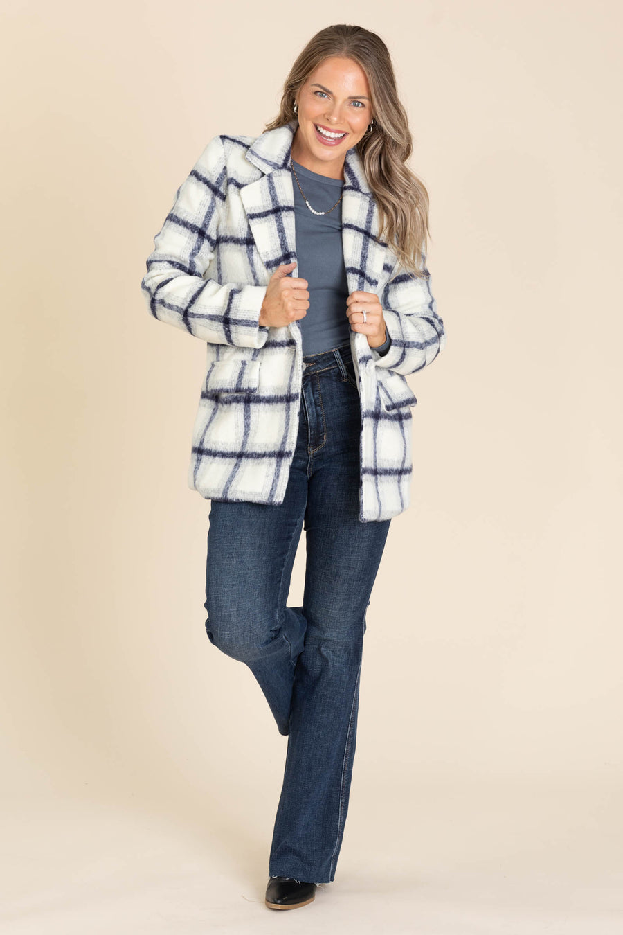 Ivory And Navy Plaid Coat With Button Closure