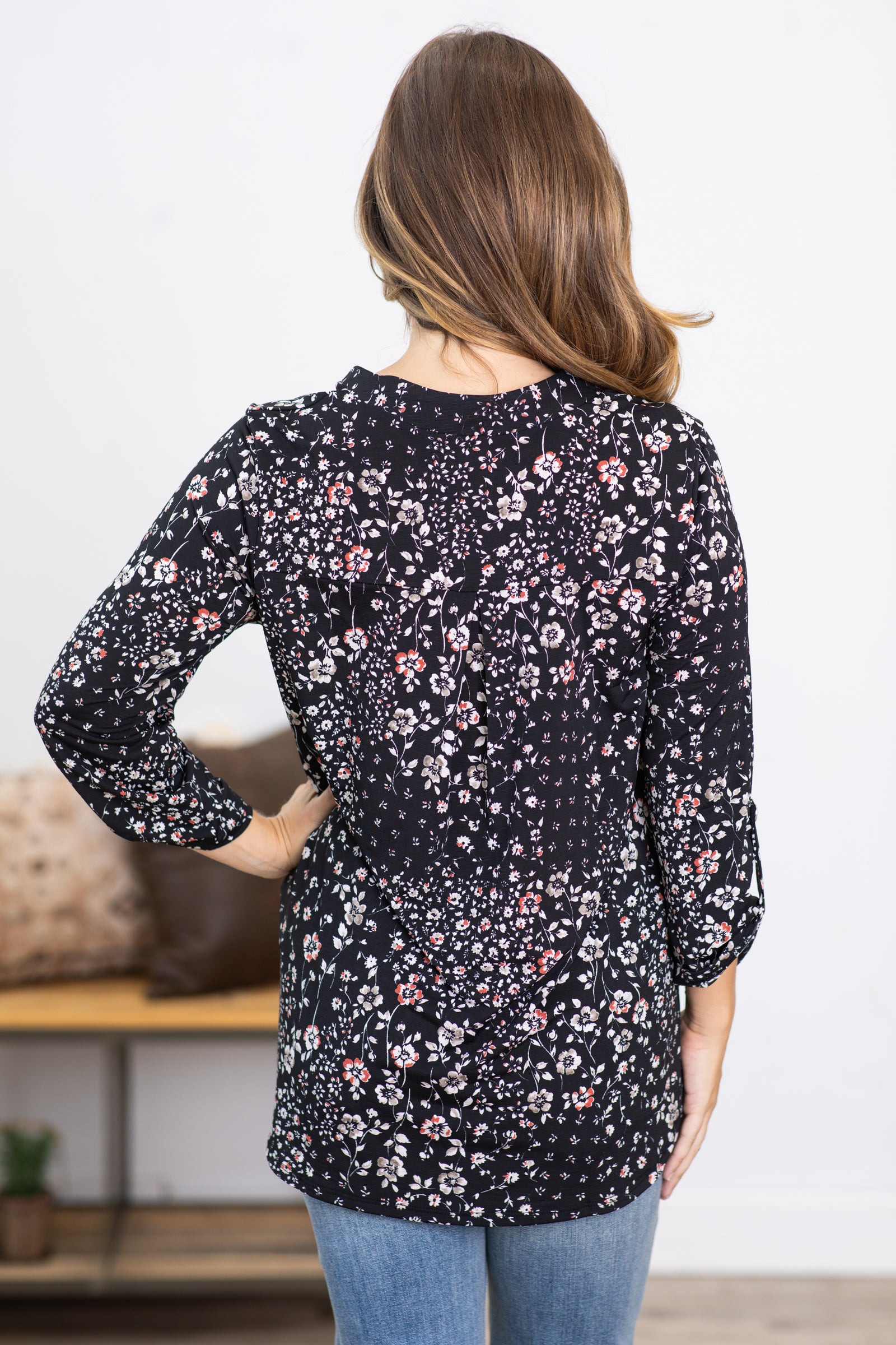 Black and Rust Floral Print Top