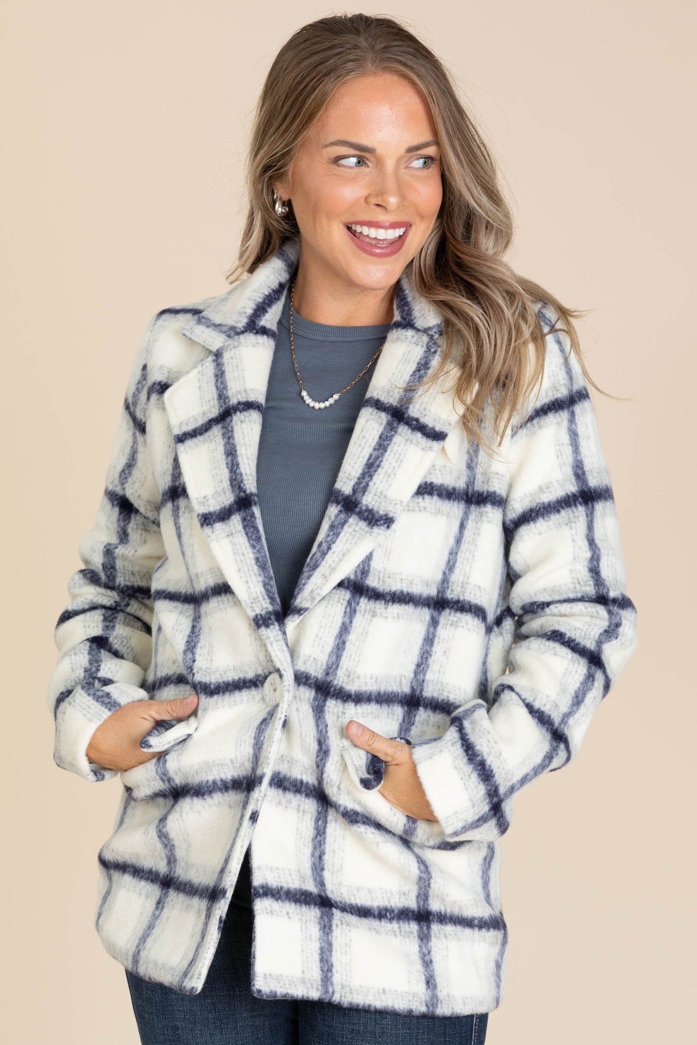 Ivory And Navy Plaid Coat With Button Closure