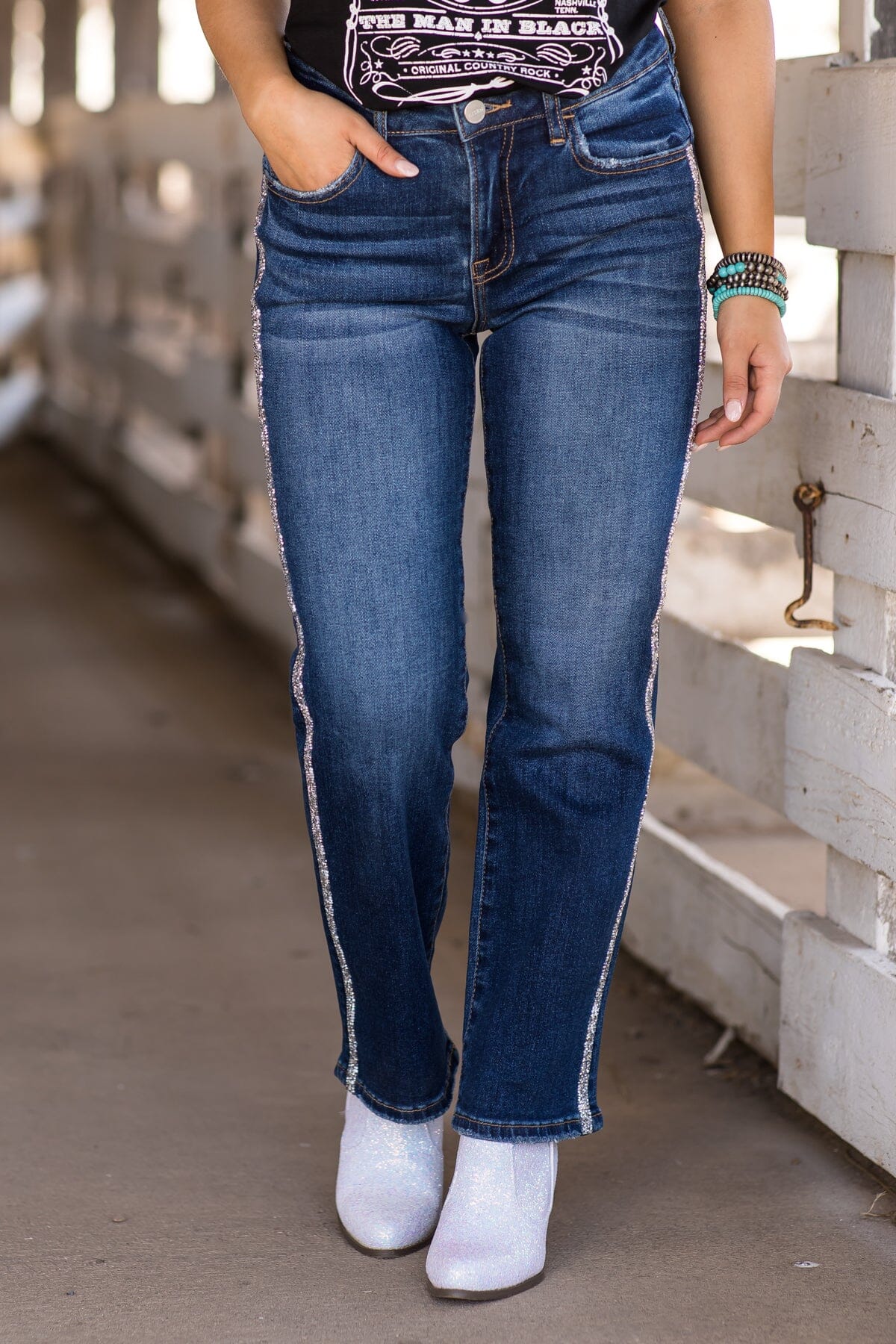 Risen Dark Wash Rhinestone Embellished Jeans - Filly Flair